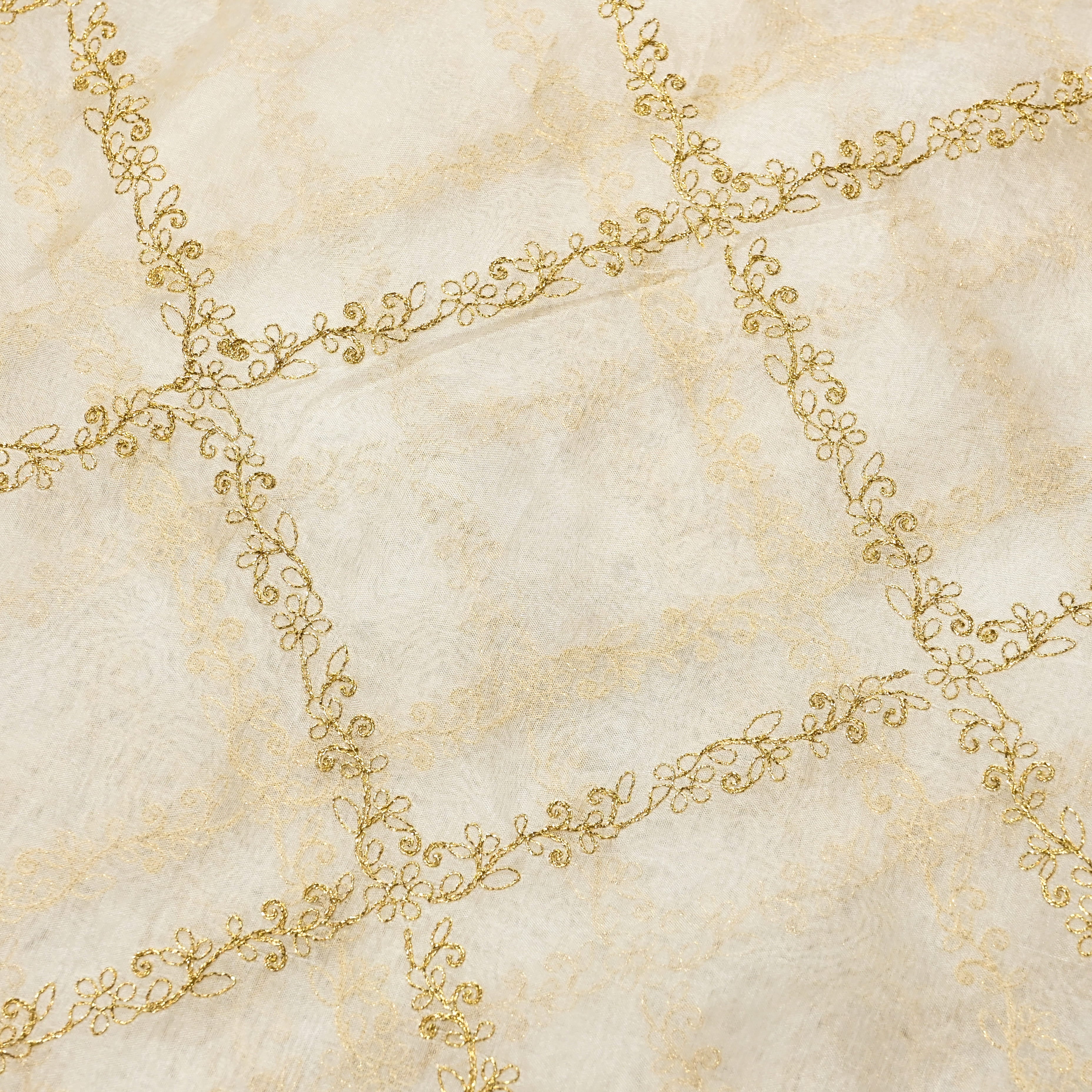 Off-White Organza Fabric With Golden Stripes