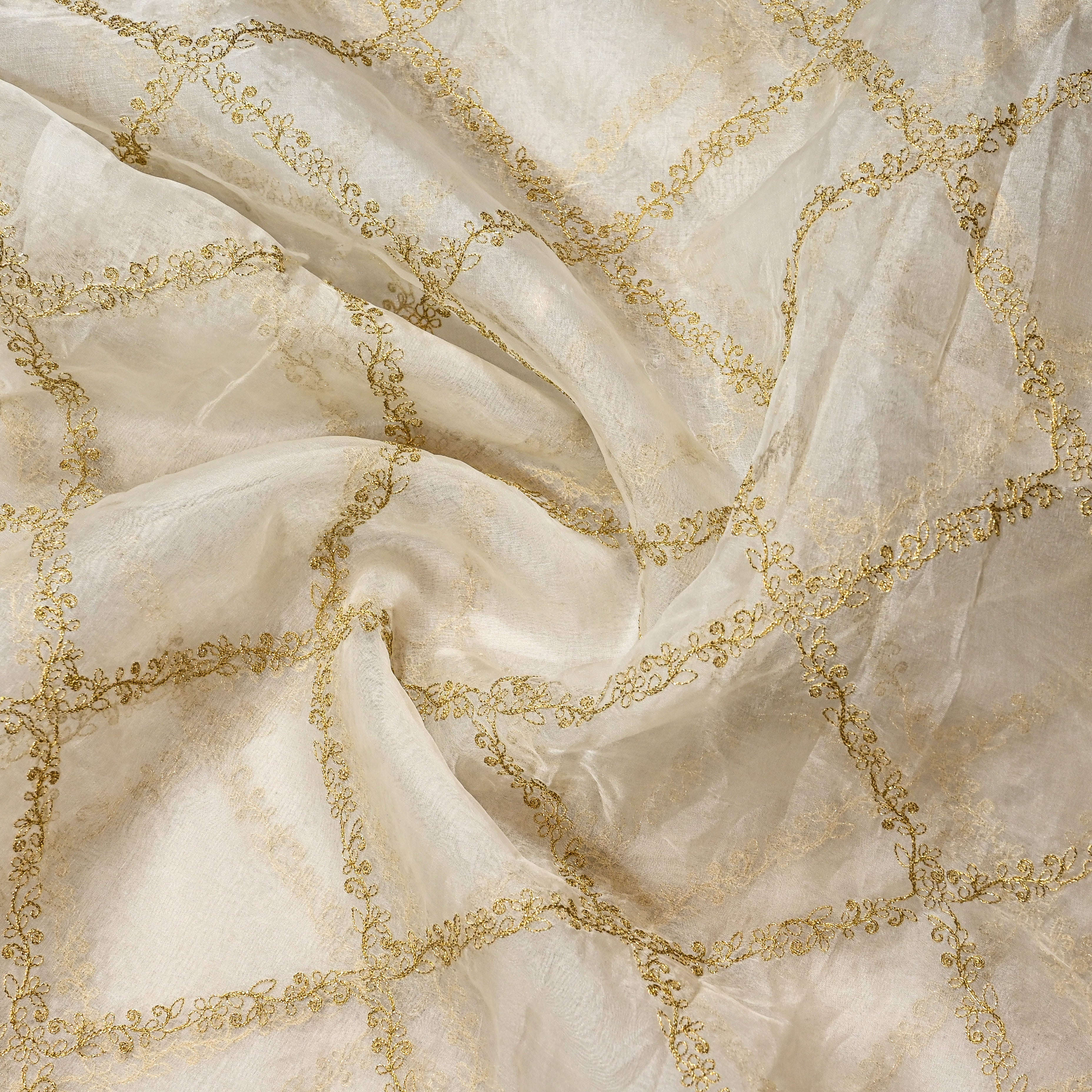 Off-White Organza Fabric With Golden Stripes