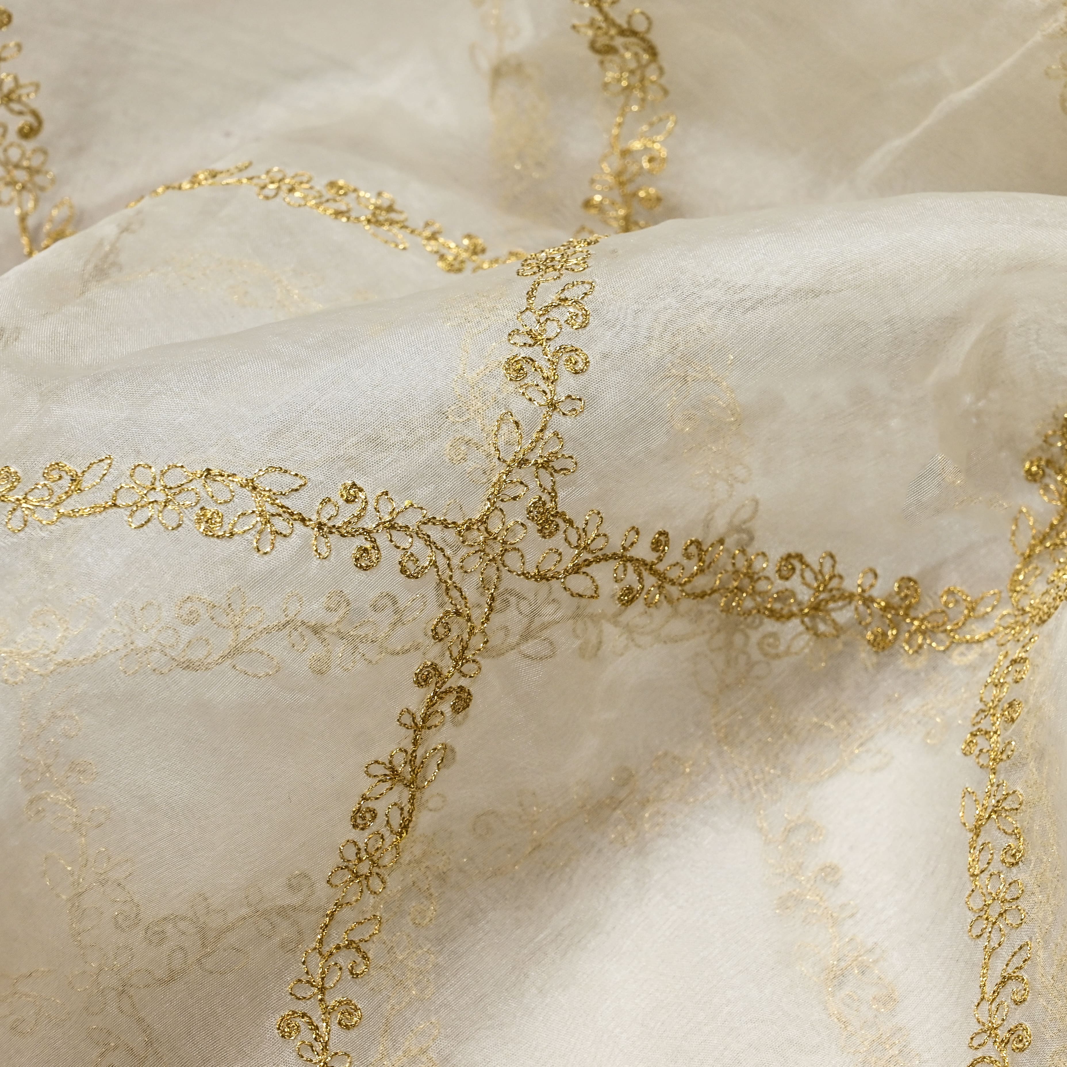 Off-White Organza Fabric With Golden Stripes