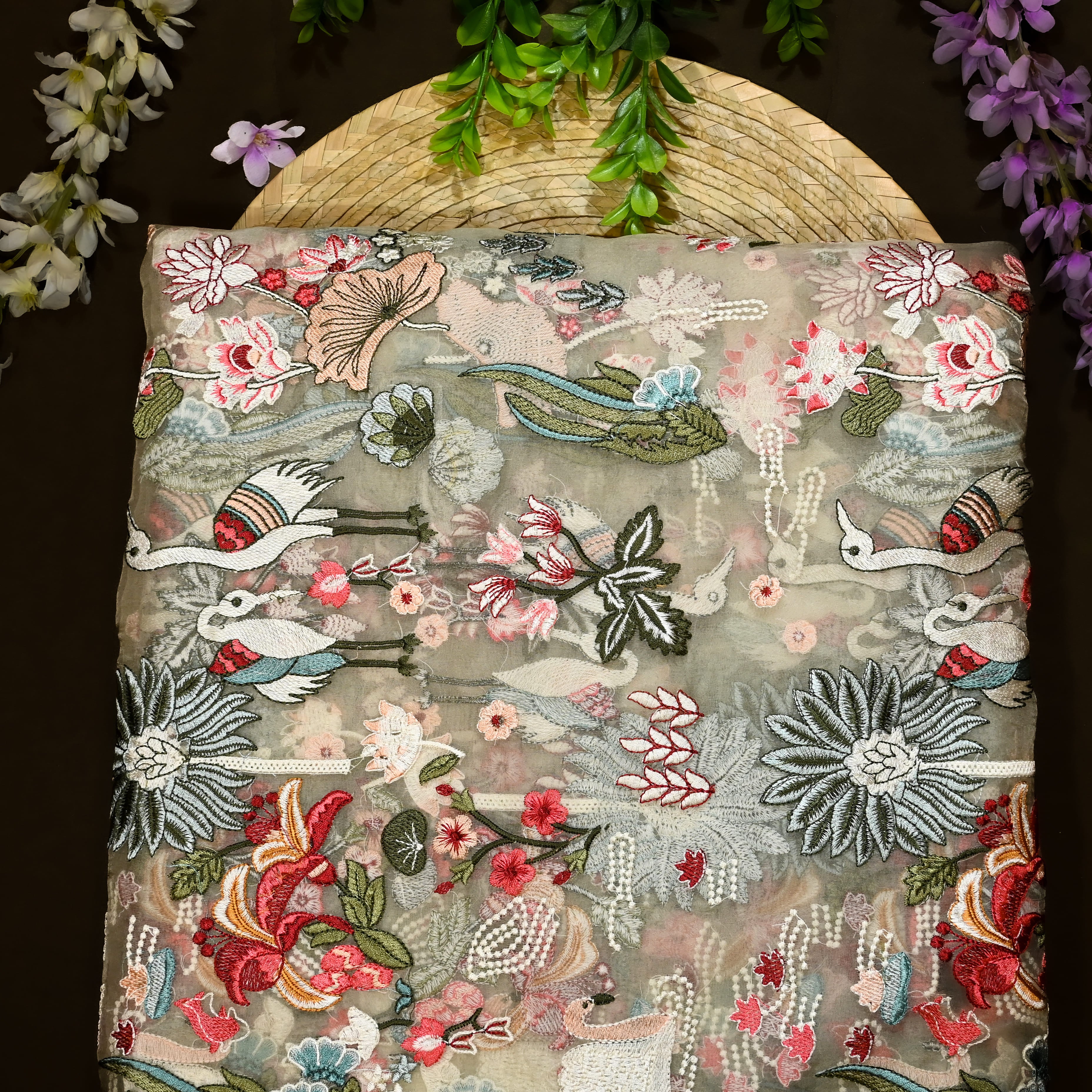 White Organza Fabric With Embroidery