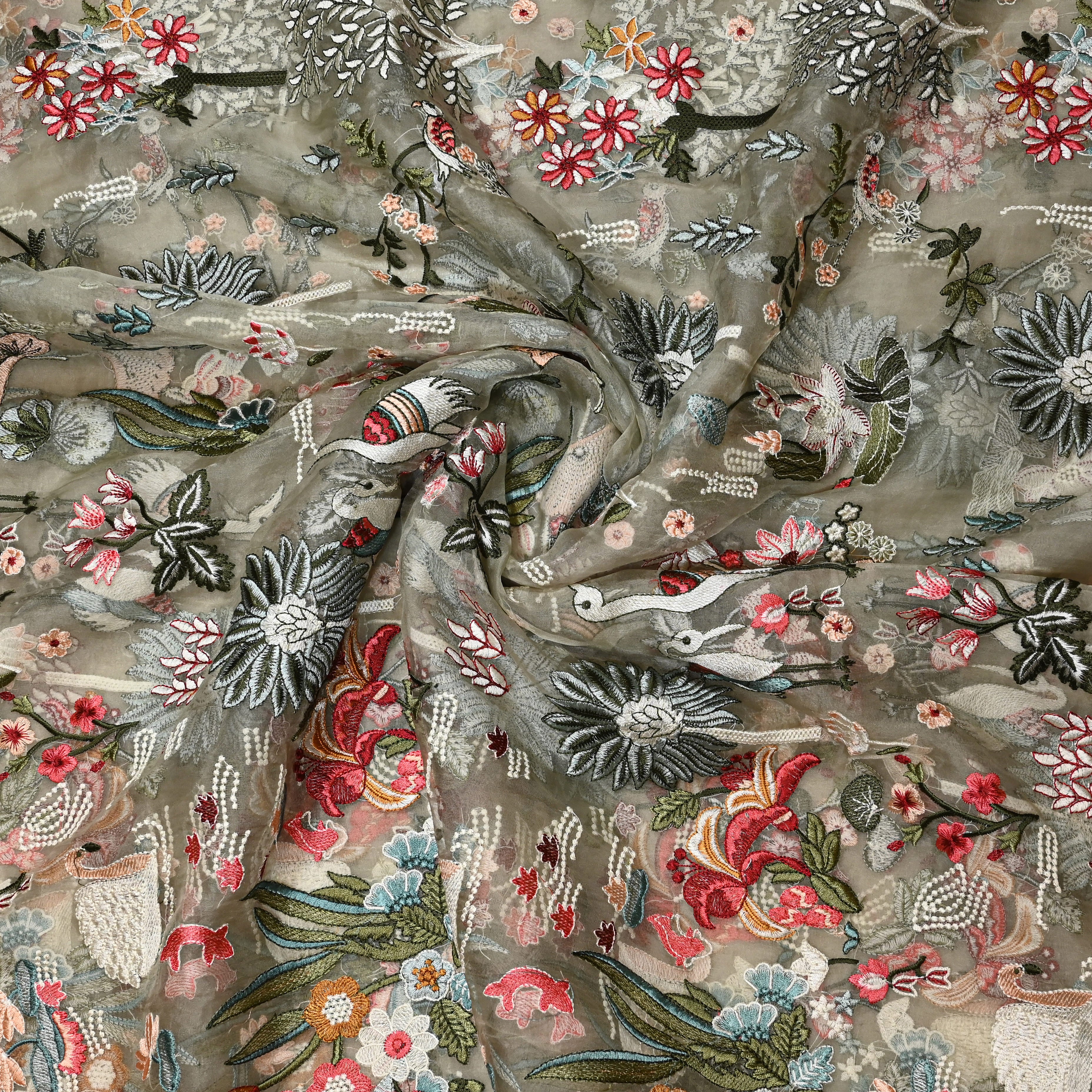 White Organza Fabric With Embroidery