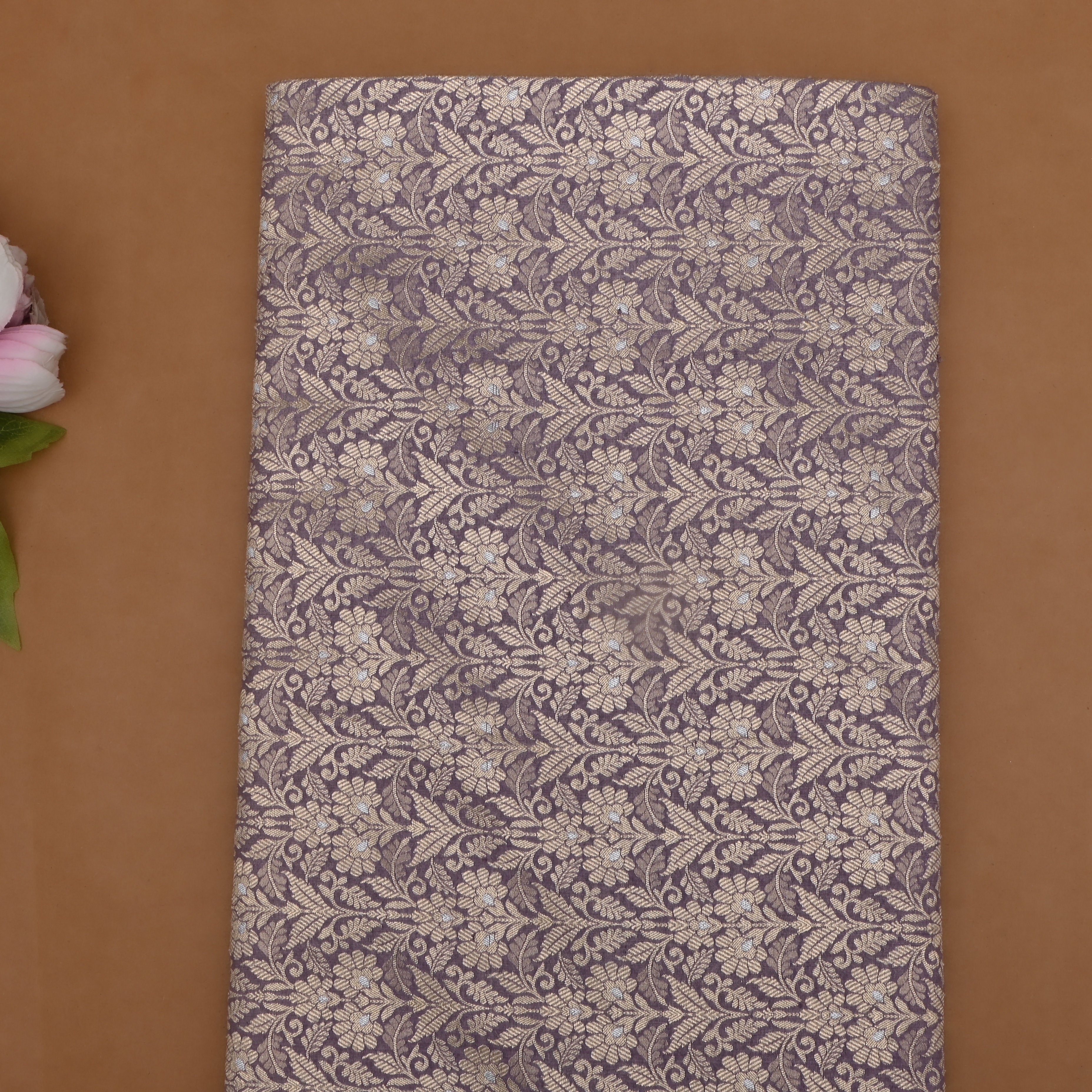 Lilac Dupioni Raw Silk Fabric With Intricate Zari Weaving '