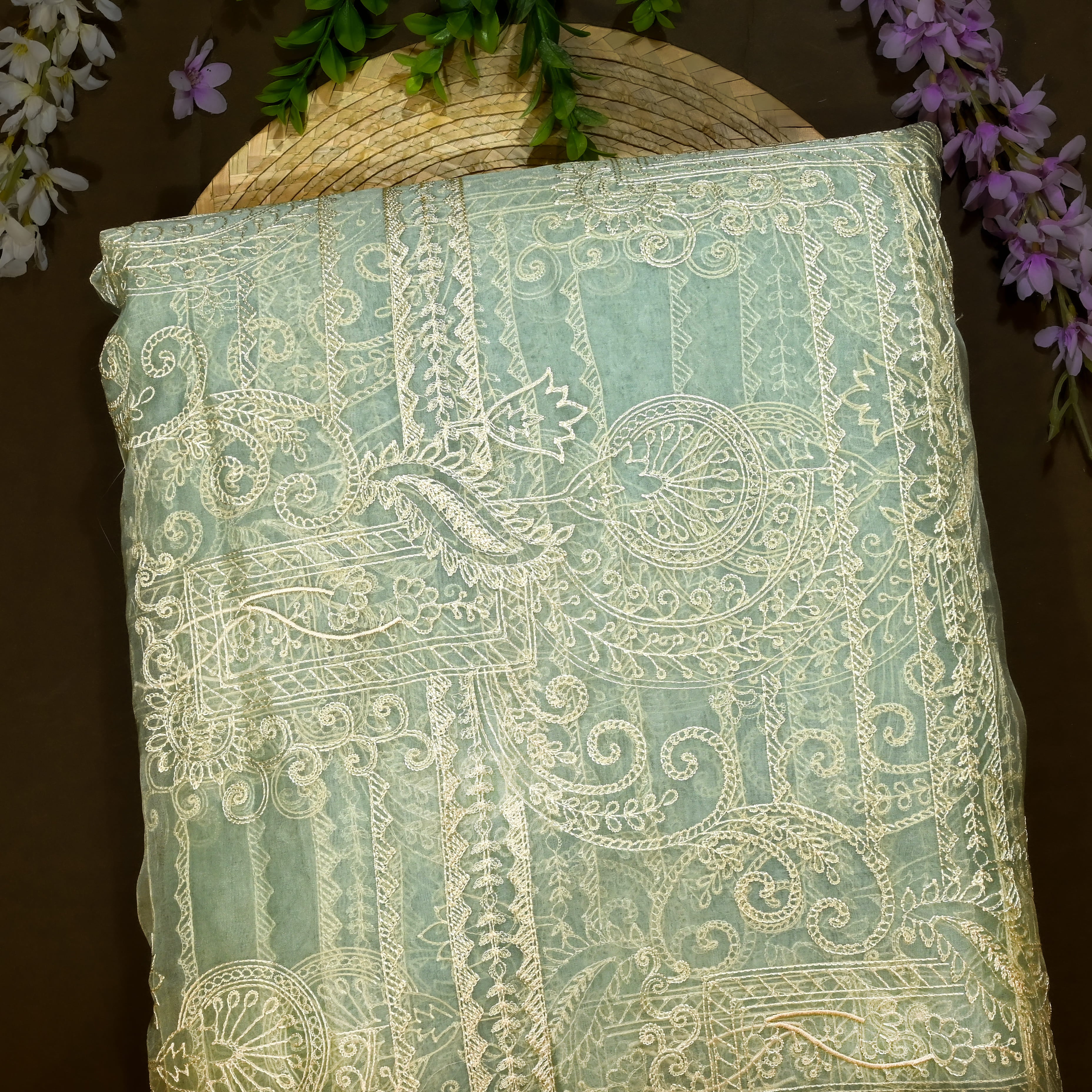 Verdigris Green Organga Fabric With Embroidery