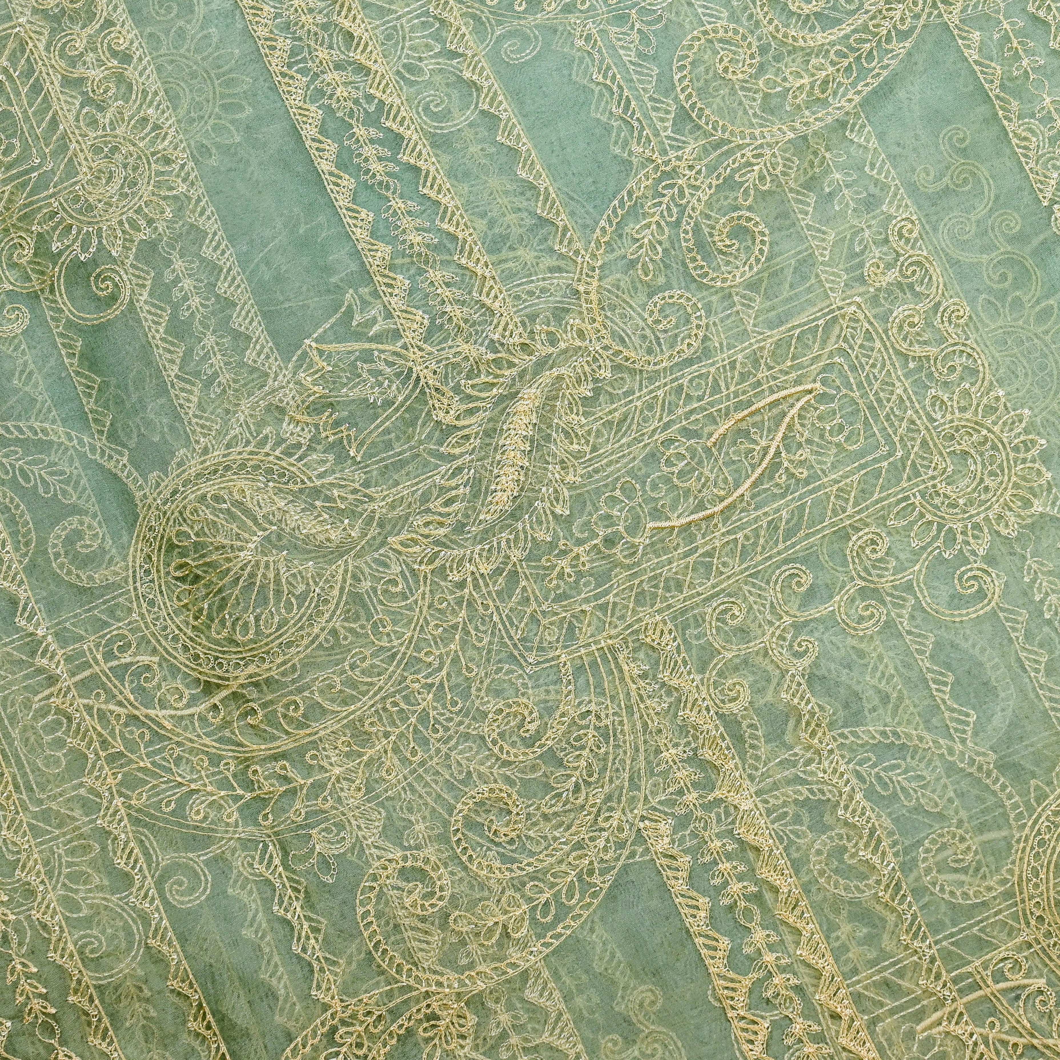 Verdigris Green Organga Fabric With Embroidery