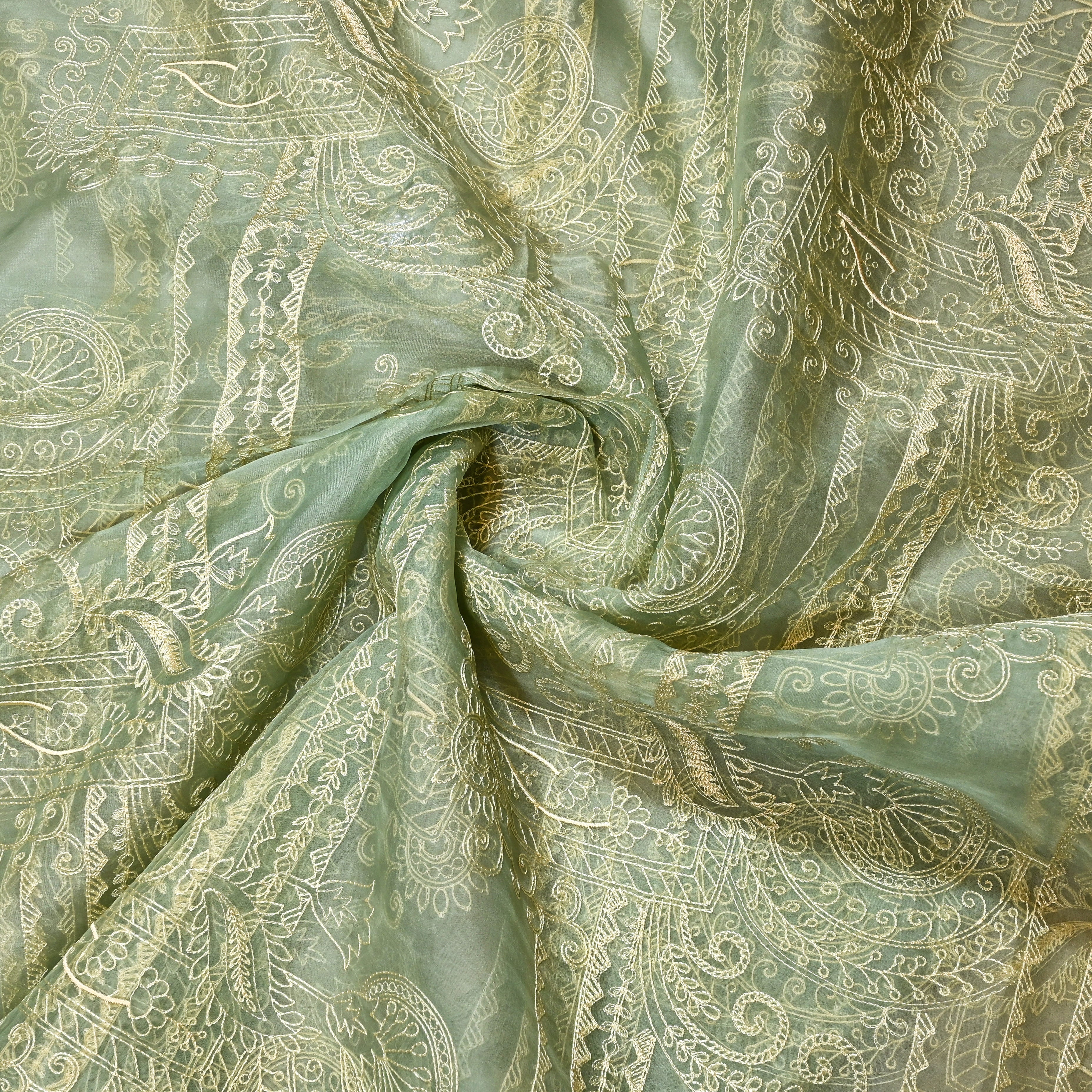 Verdigris Green Organga Fabric With Embroidery