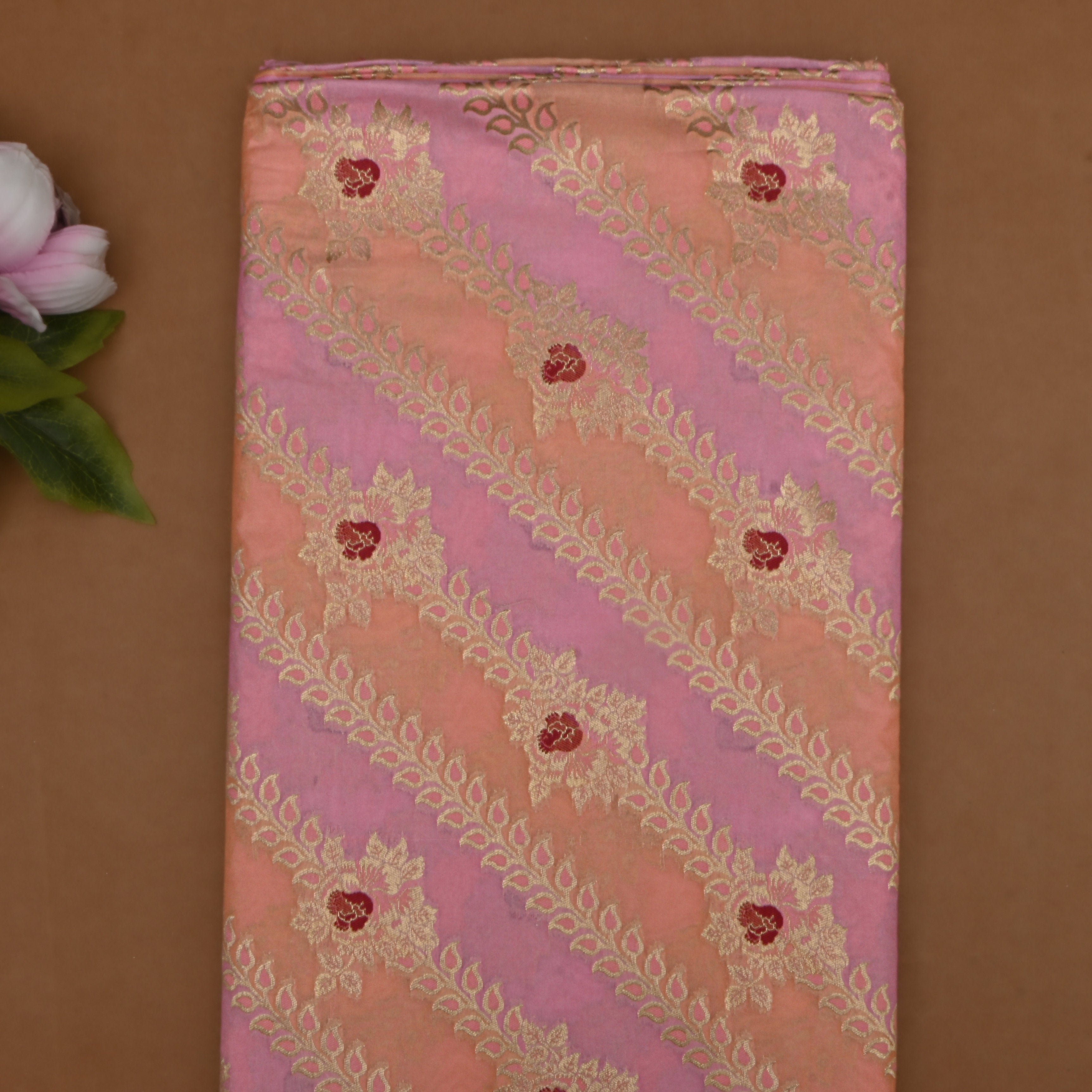 Pastel Colour Jamawar Silk Fabric With Leheriya Design