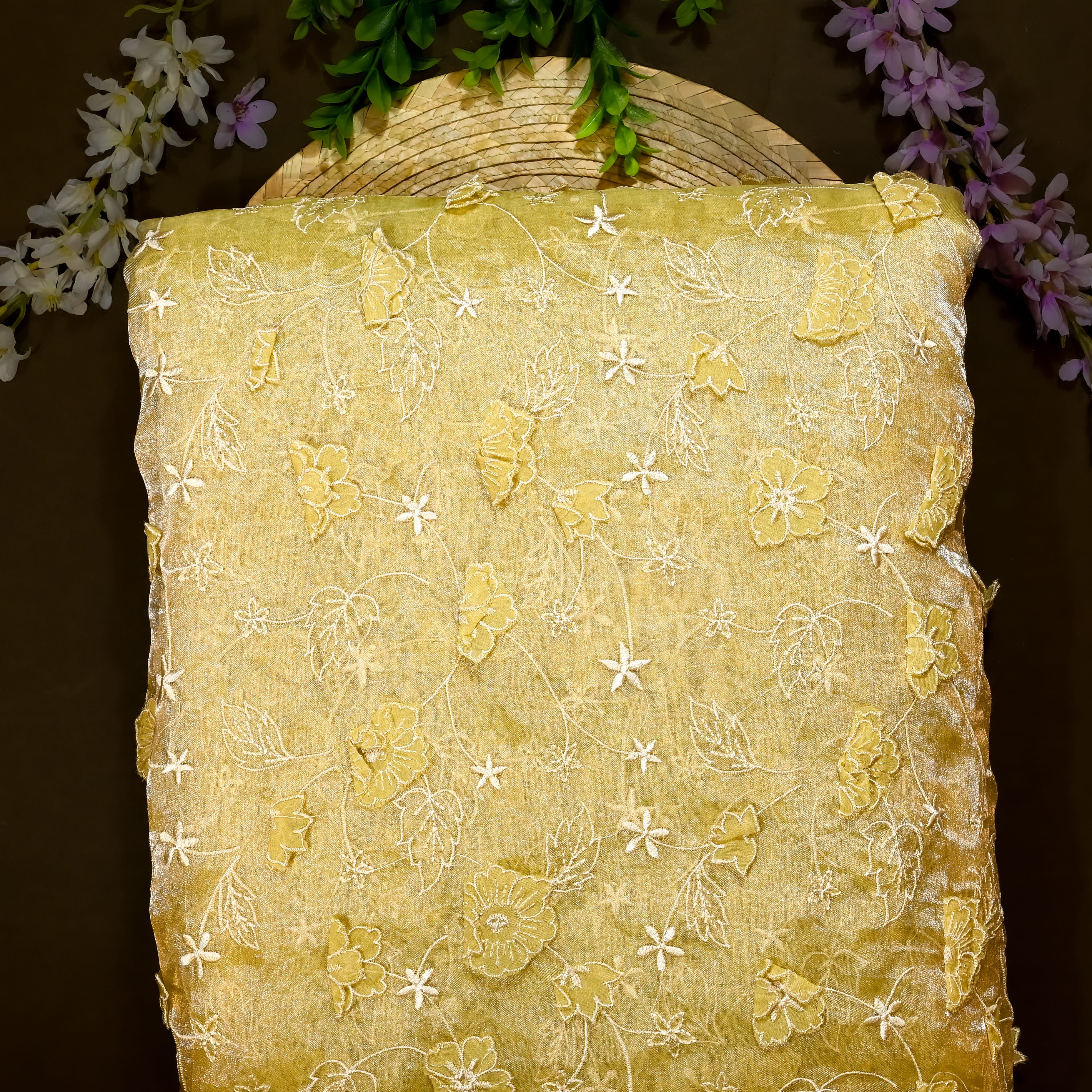 Lemon Yellow Tissue Organza Fabric With 3D Embroidery