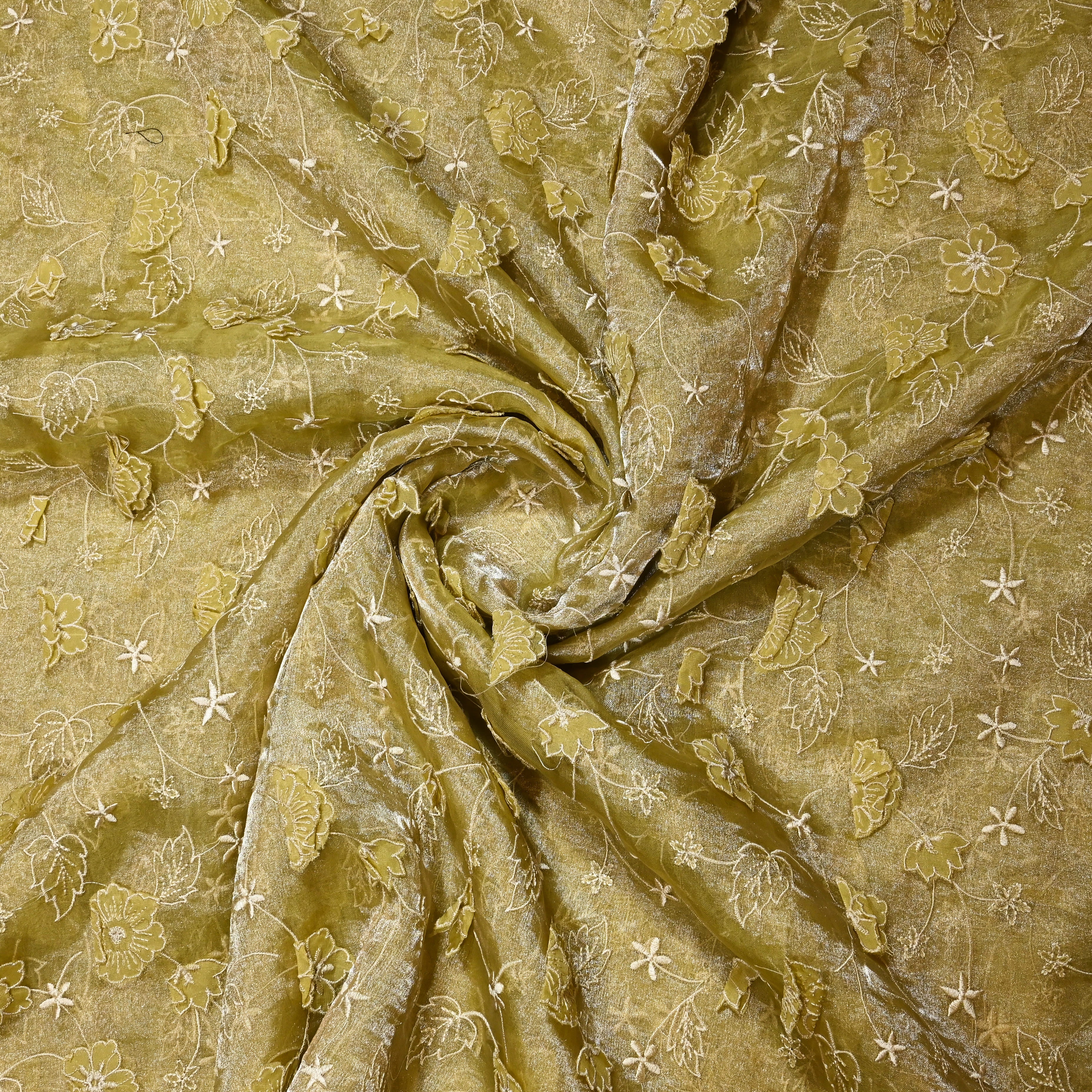 Lemon Yellow Tissue Organza Fabric With 3D Embroidery