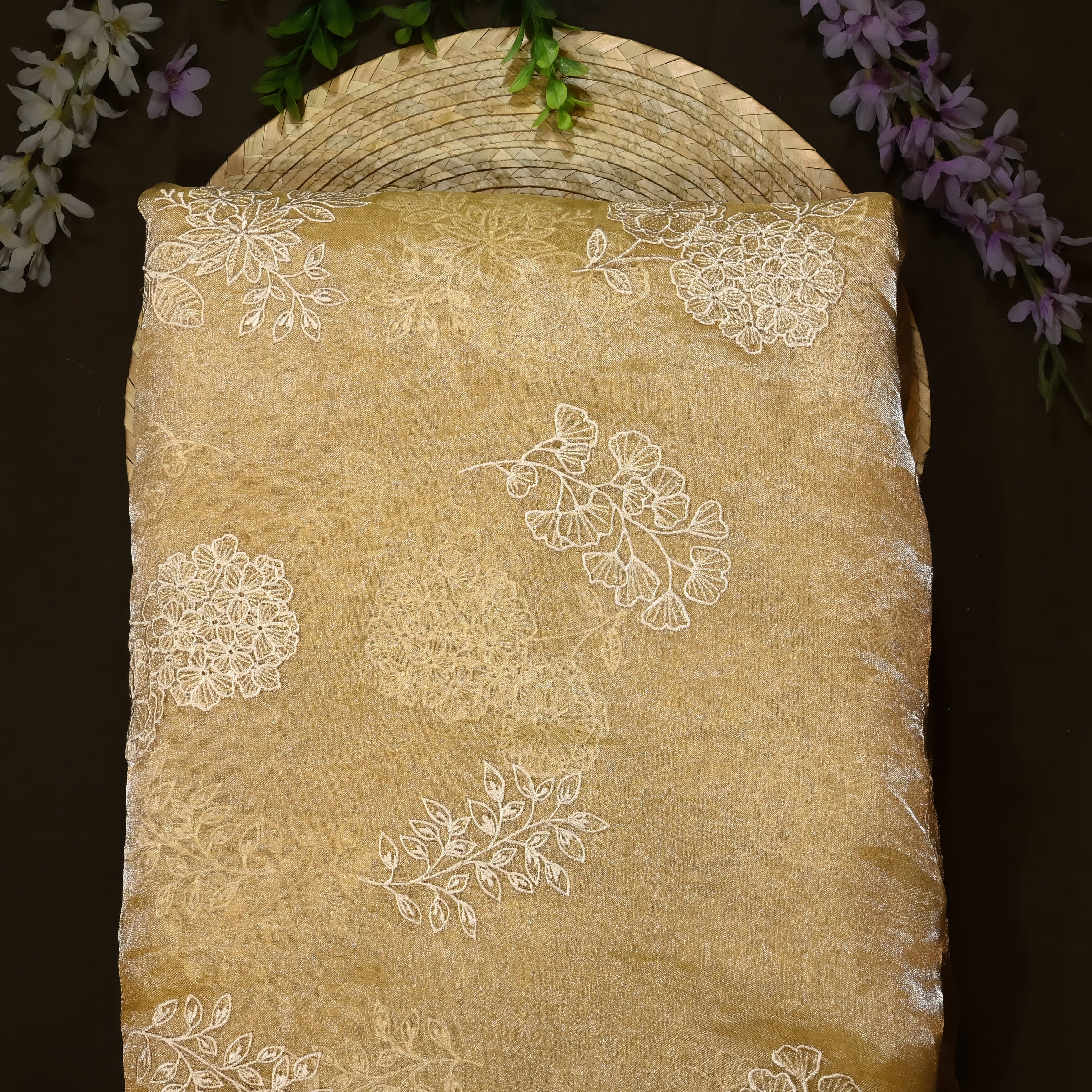 Macorron Yellow Organza Fabric With Embroidery