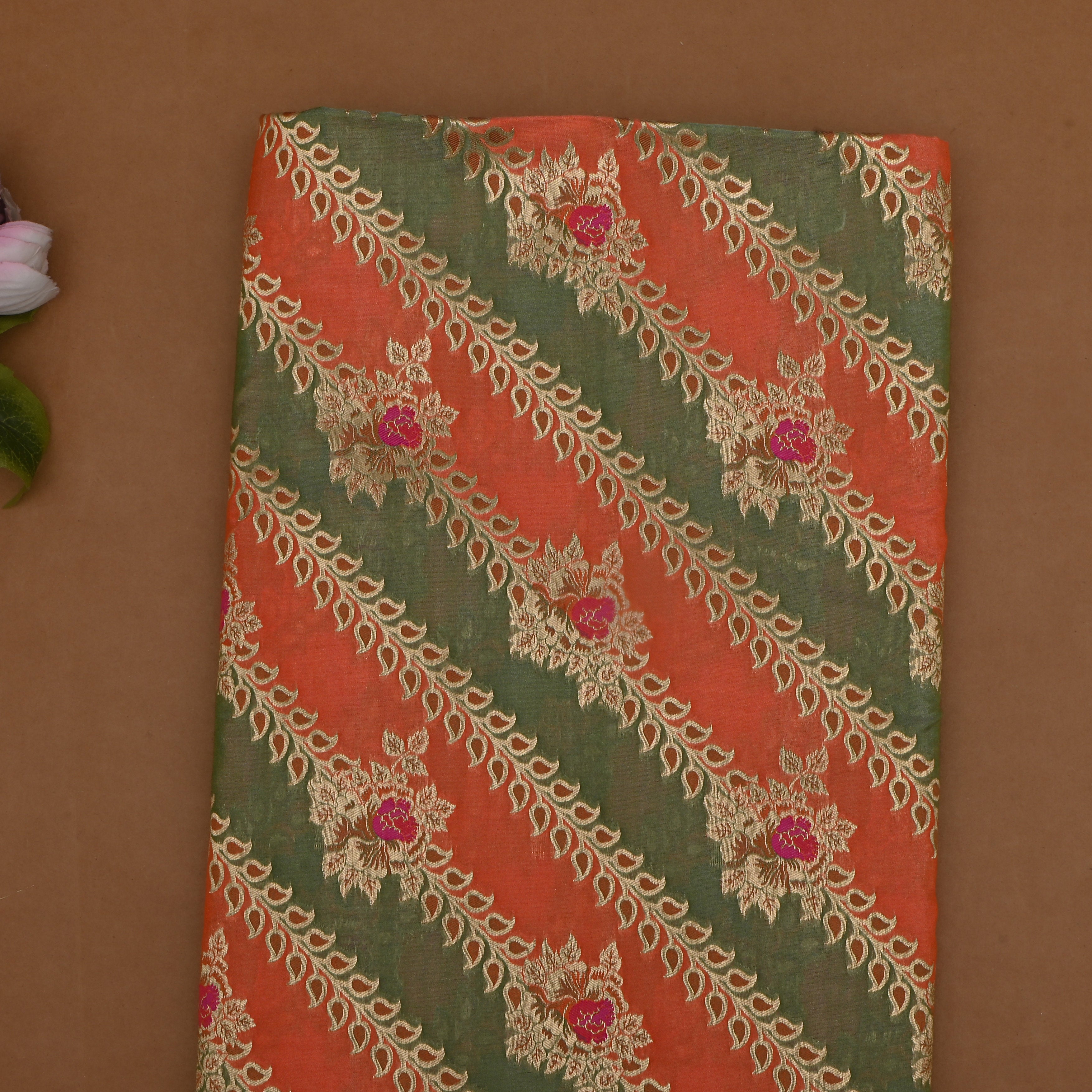 Pastel Green And Peach Jamawar Silk Fabric With Leheriya Pattern