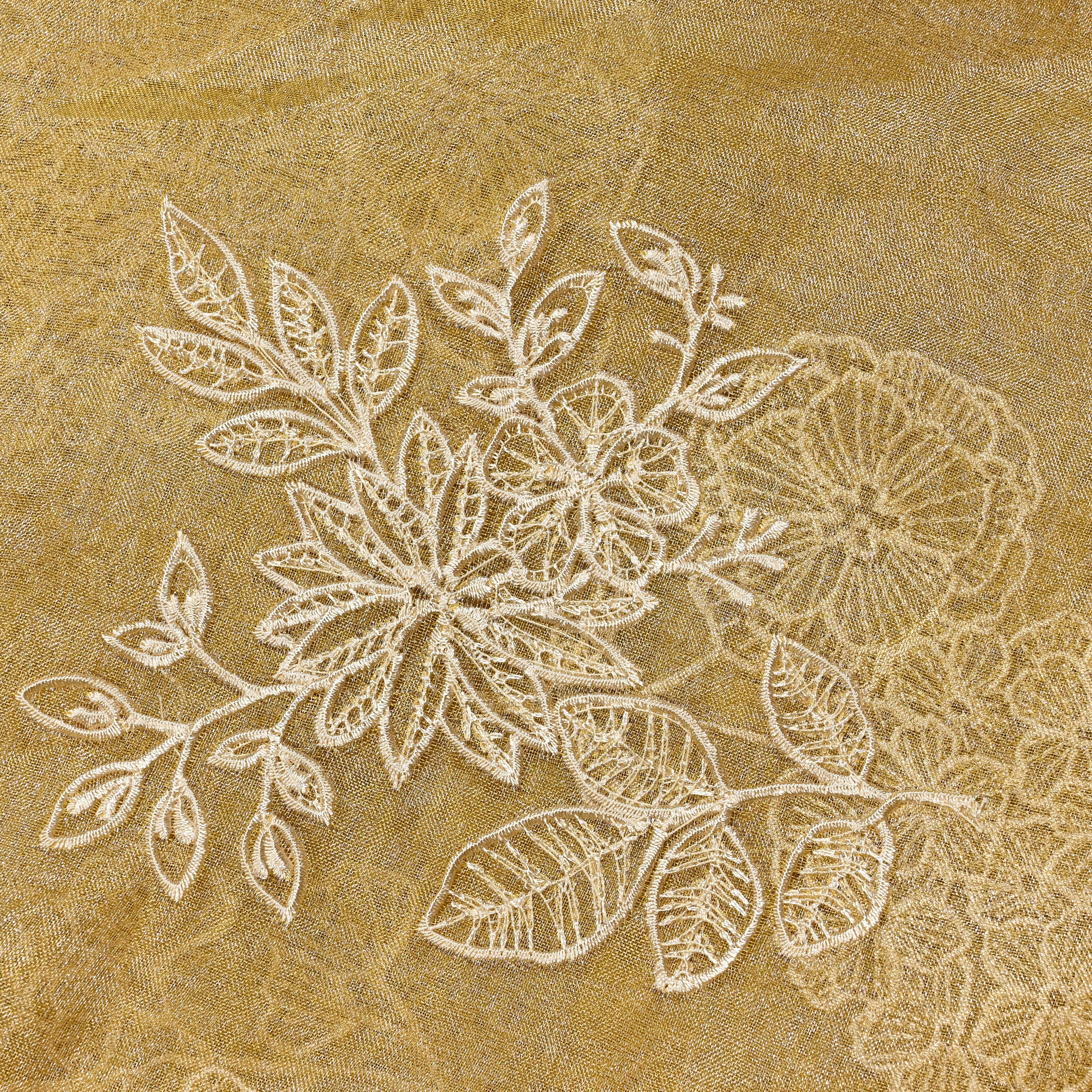 Macorron Yellow Organza Fabric With Embroidery