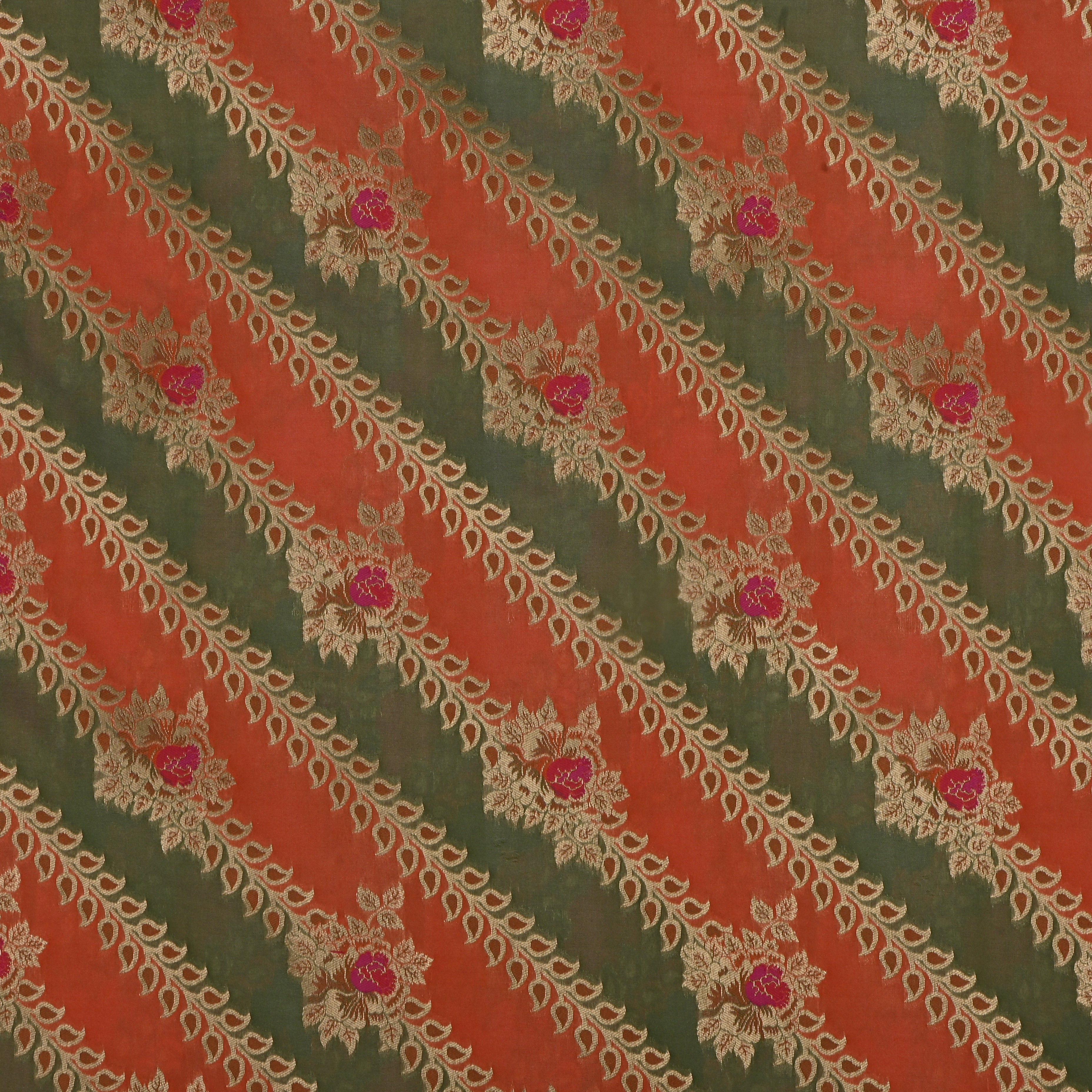 Pastel Green And Peach Jamawar Silk Fabric With Leheriya Pattern
