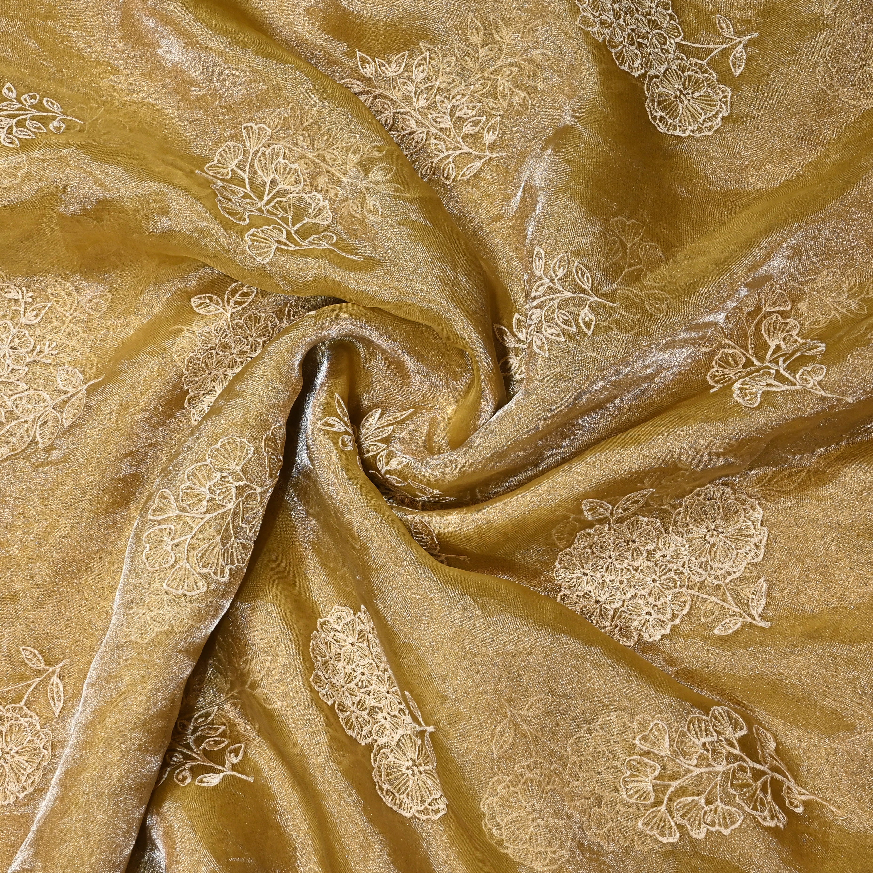 Macorron Yellow Organza Fabric With Embroidery