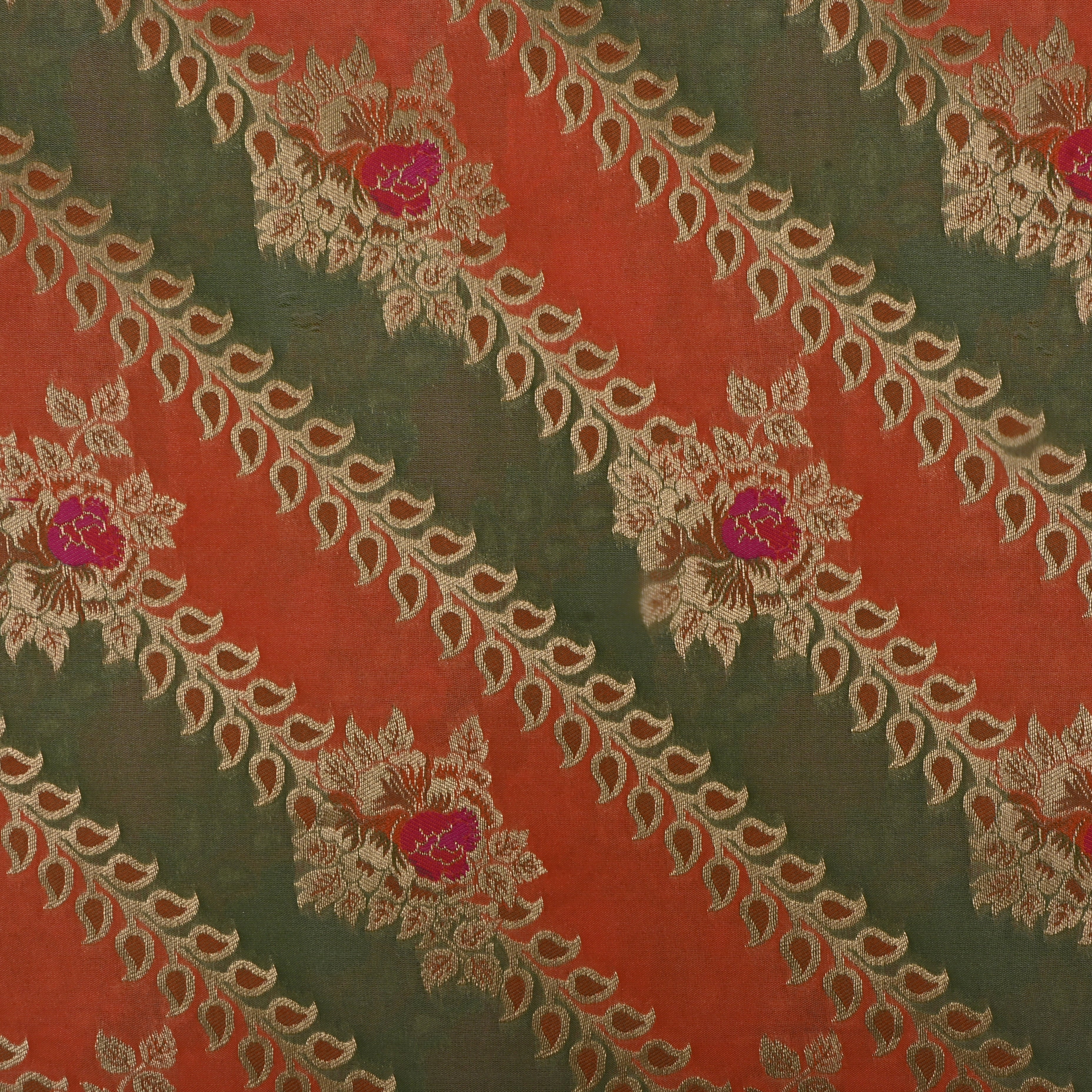 Pastel Green And Peach Jamawar Silk Fabric With Leheriya Pattern