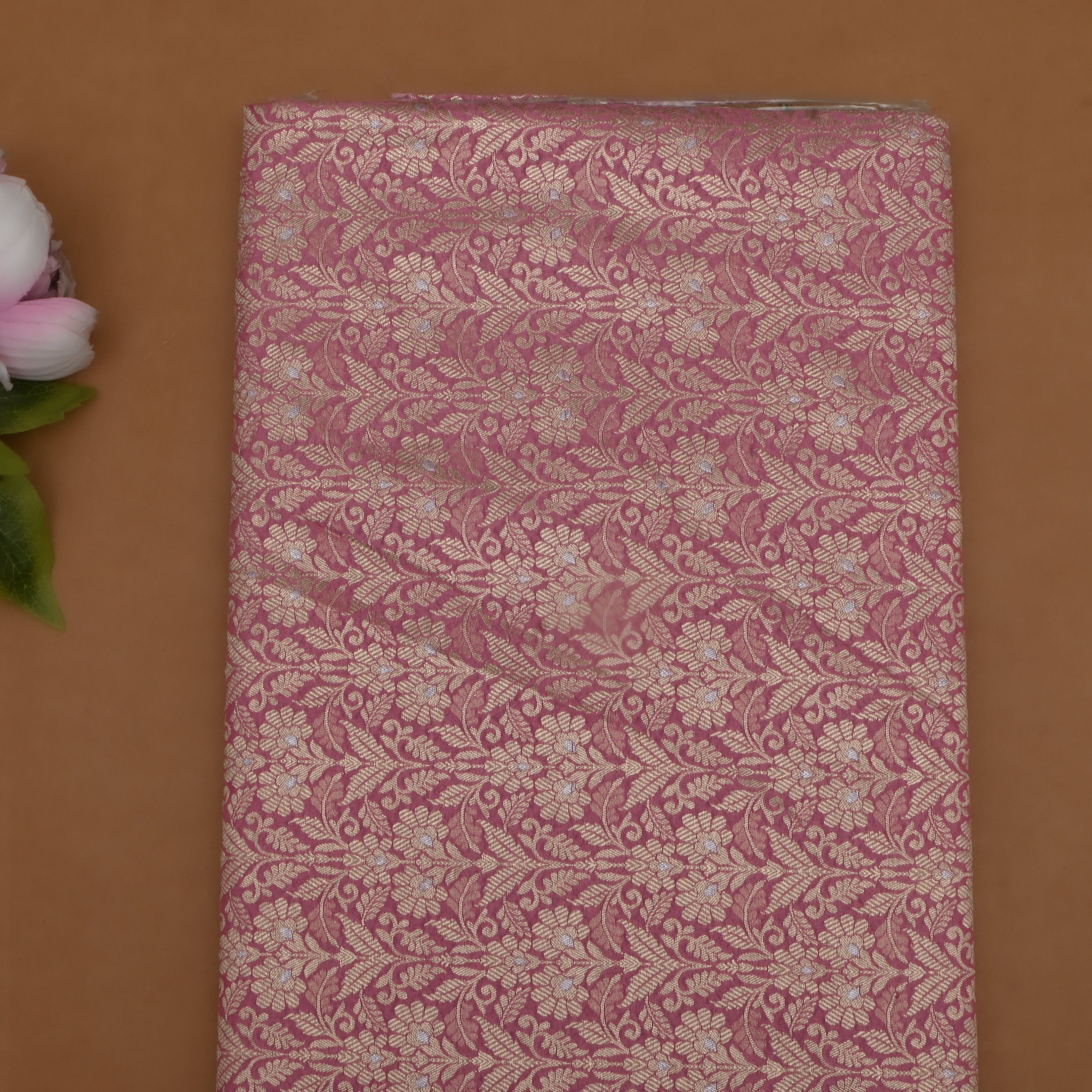 Flamingo Pink Jamawar Silk With Floral Zari Weaving