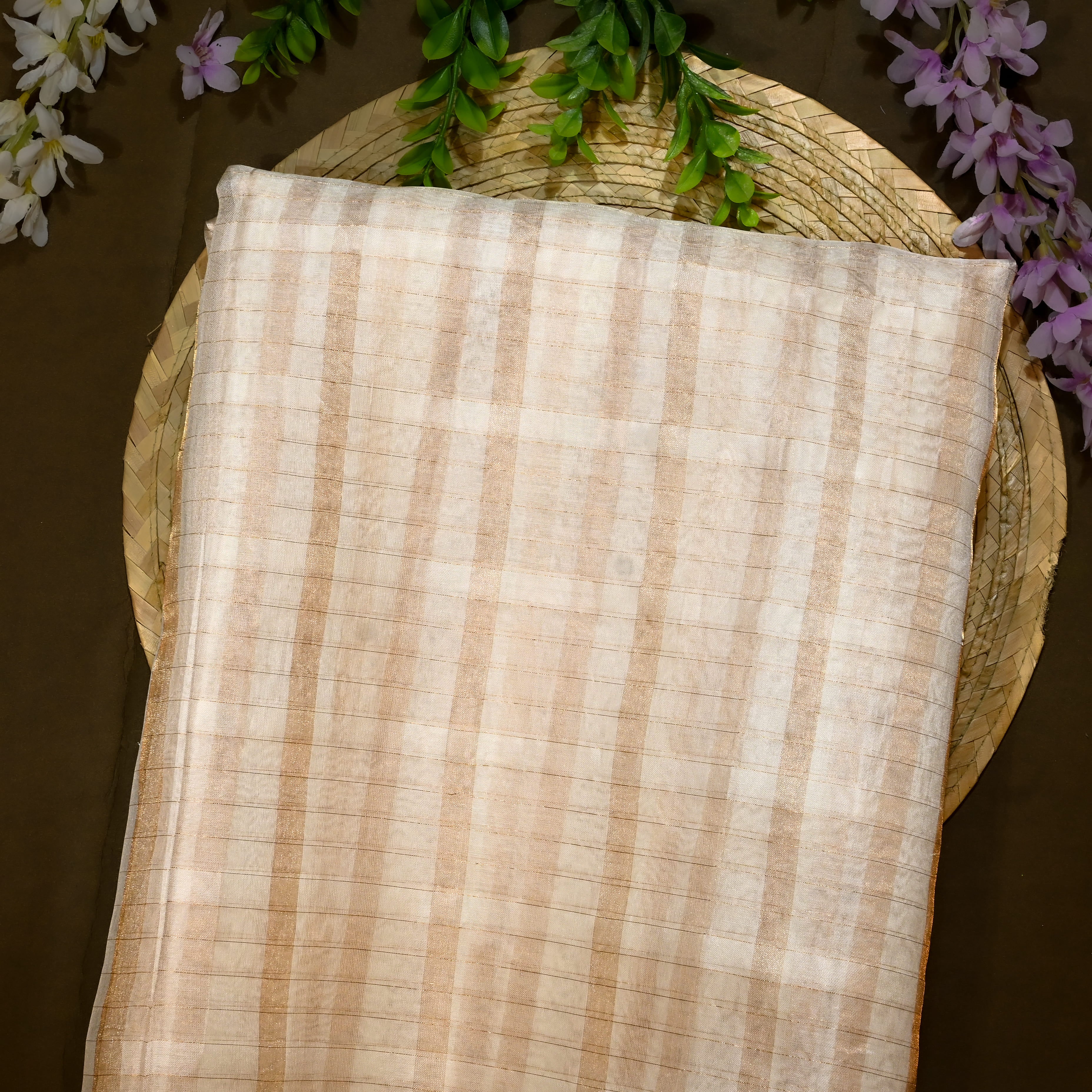 Cream Organza Fabric With Golden Stripes