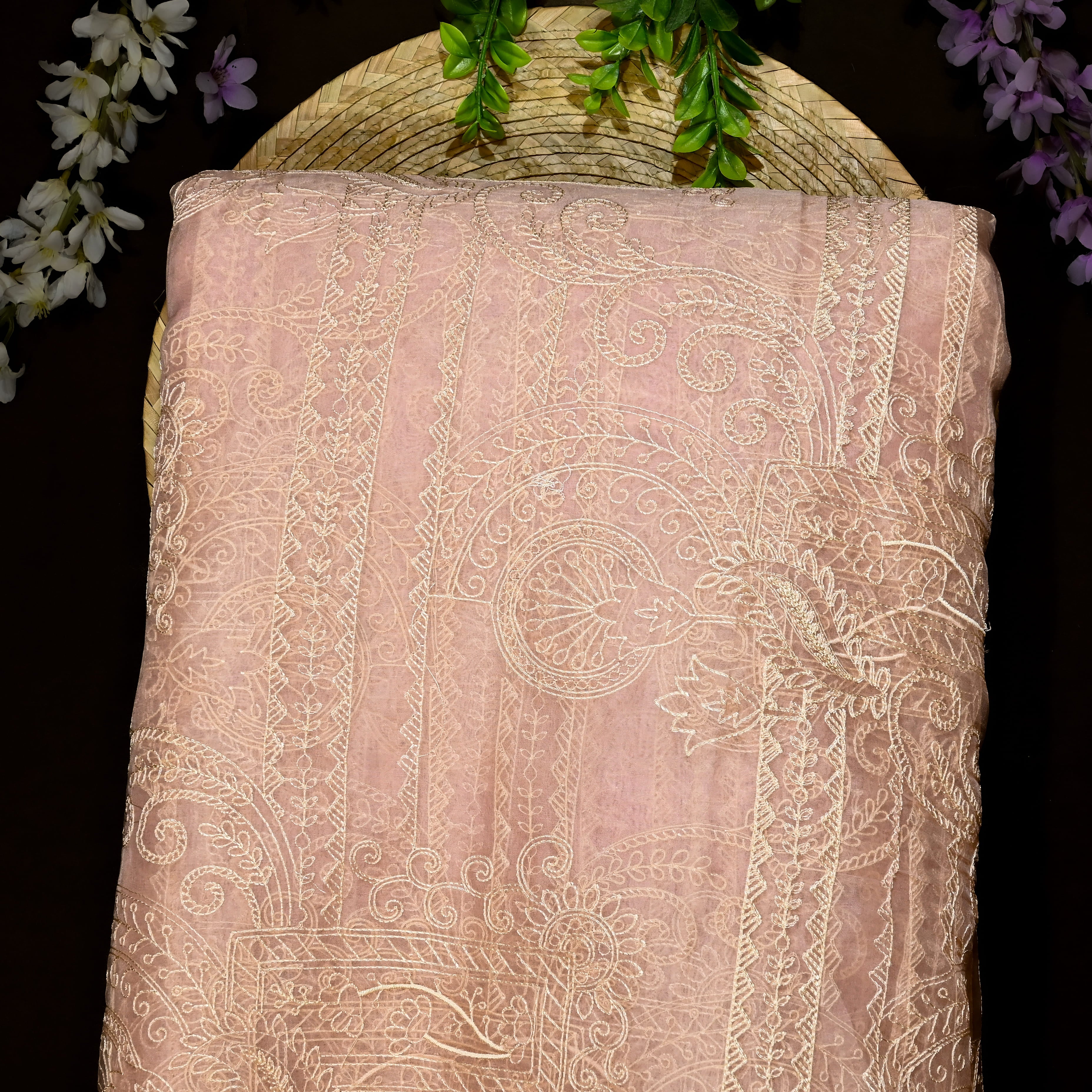 Pinkish Peach Organza Fabric With Embroidery