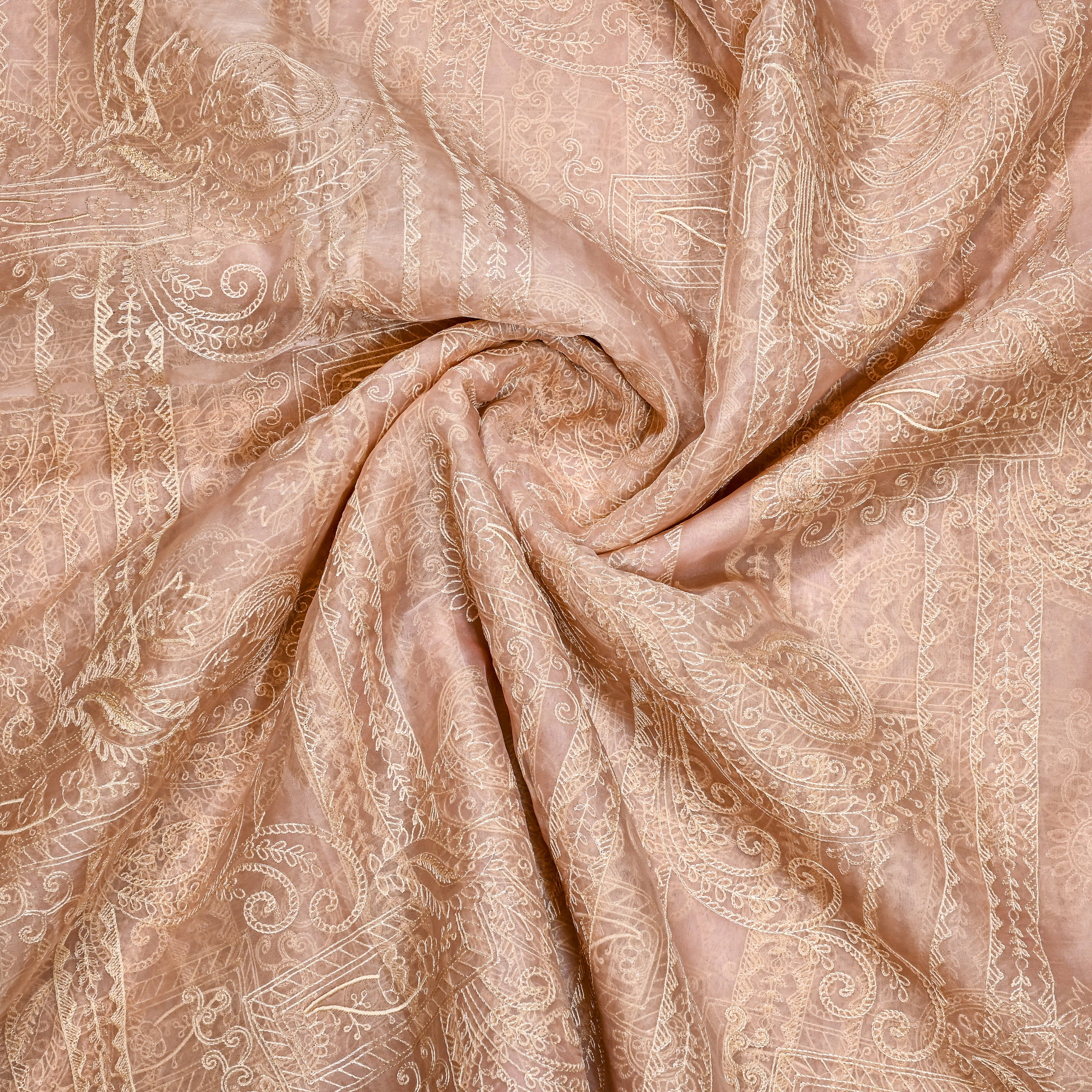 Pinkish Peach Organza Fabric With Embroidery