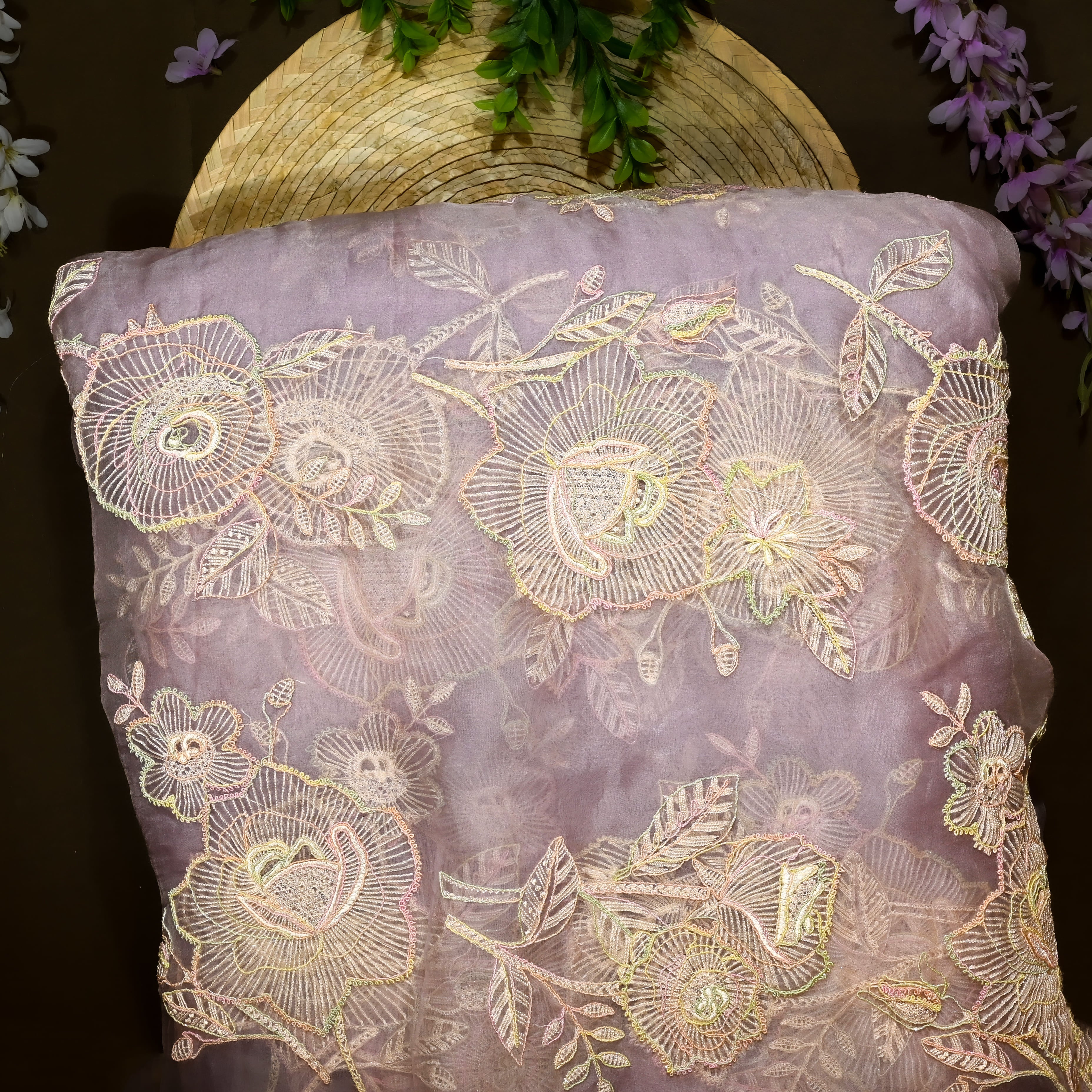 Soft Lilac Organza Fabric With Embroidery