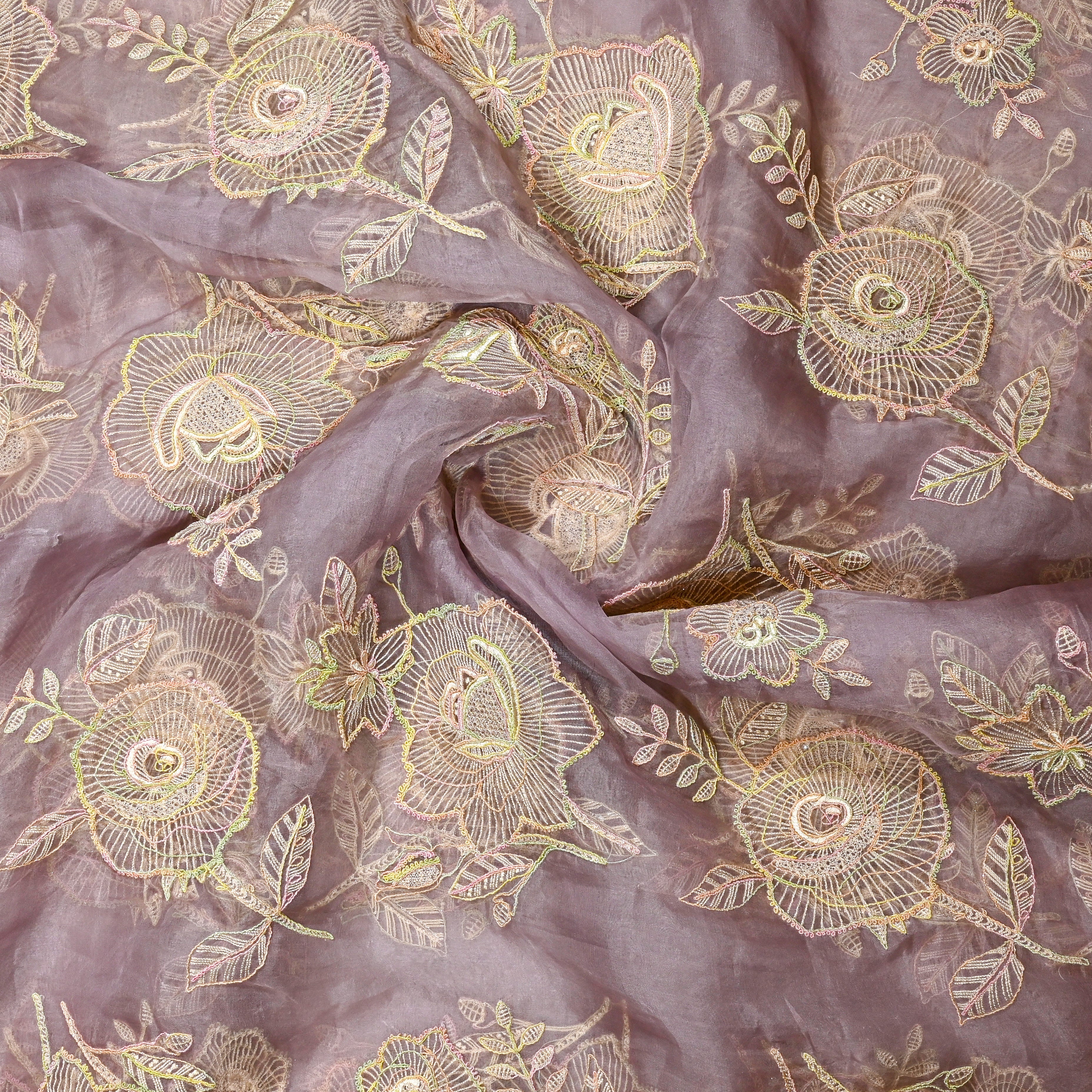 Soft Lilac Organza Fabric With Embroidery