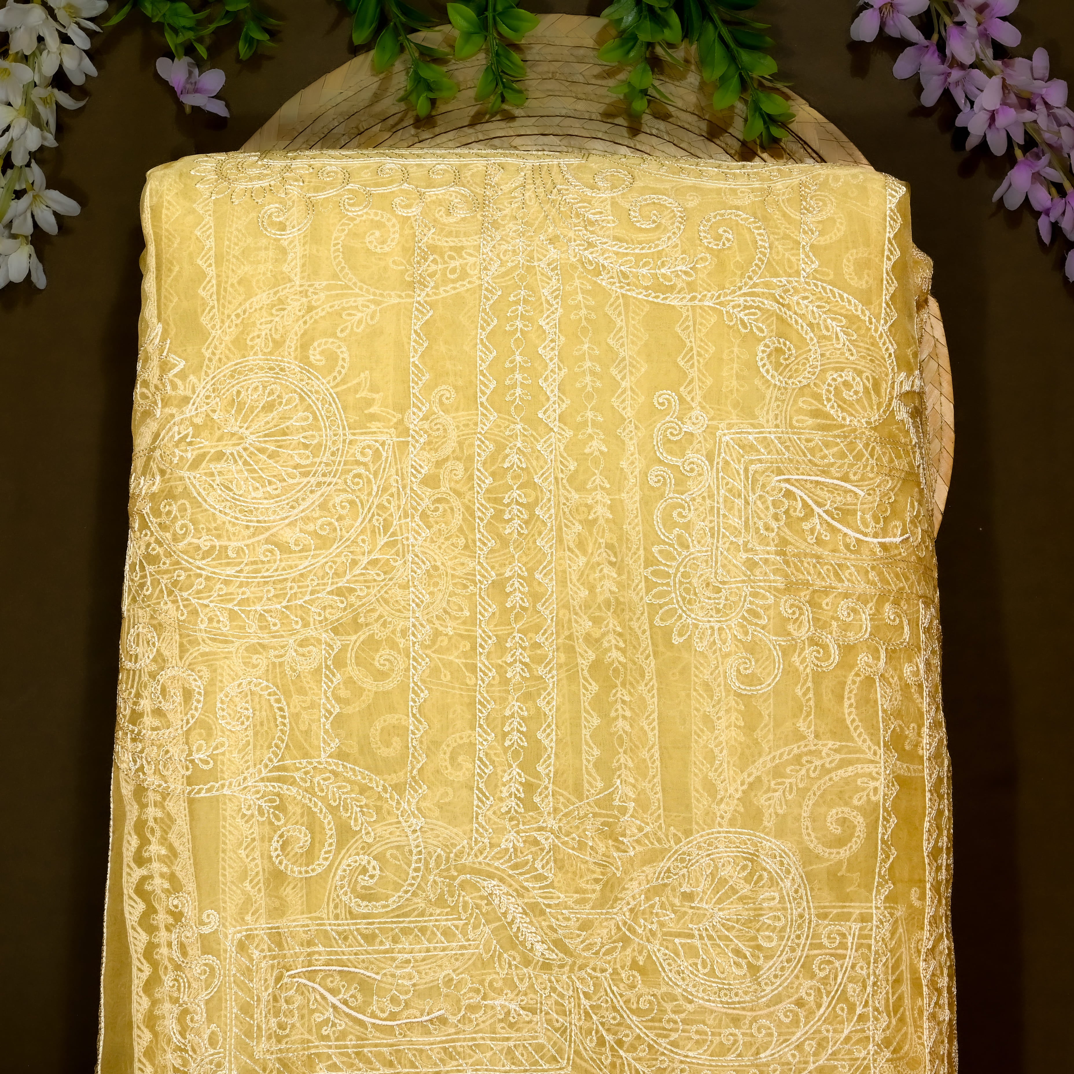 Crayola Yellow Organza Fabric With Embroidery