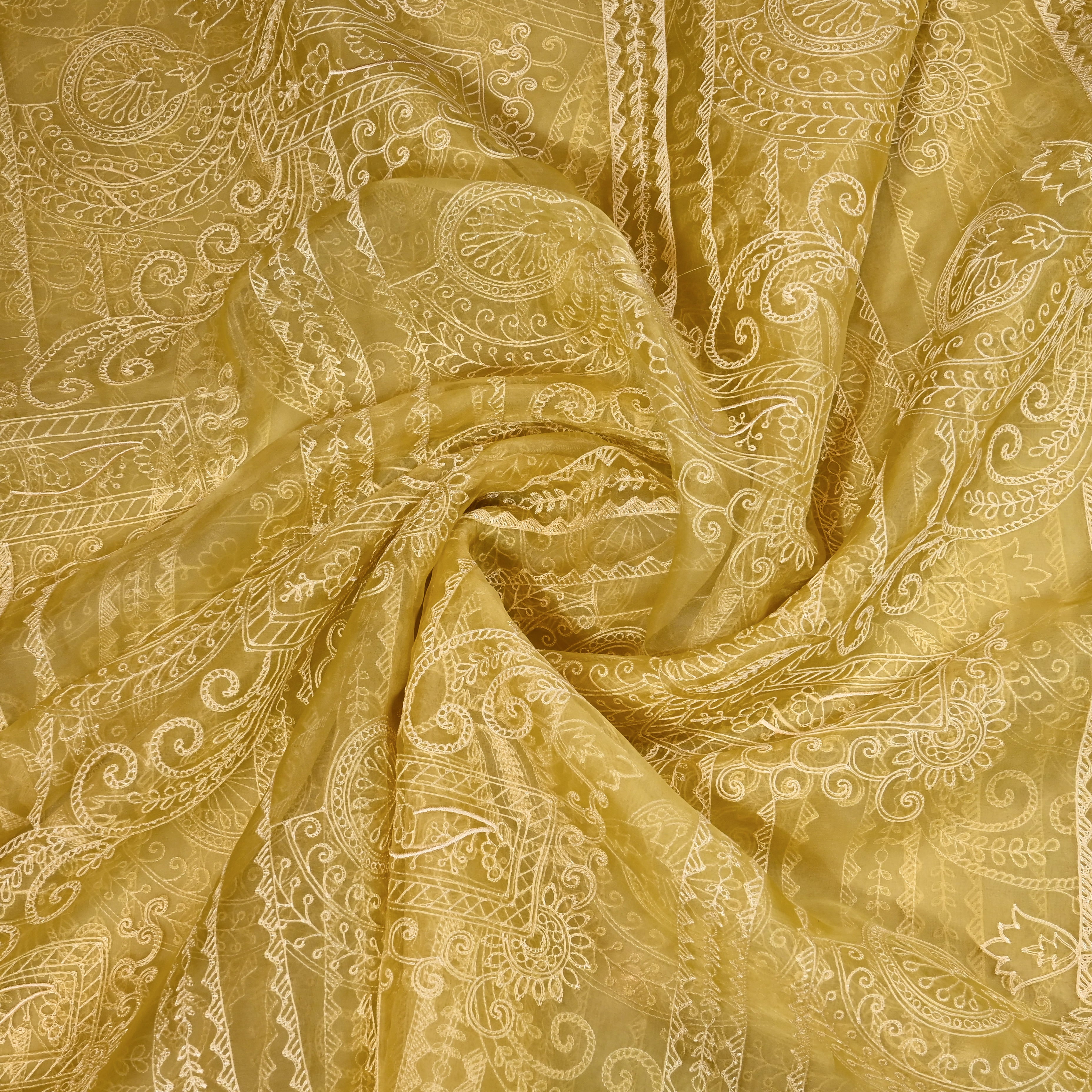 Crayola Yellow Organza Fabric With Embroidery