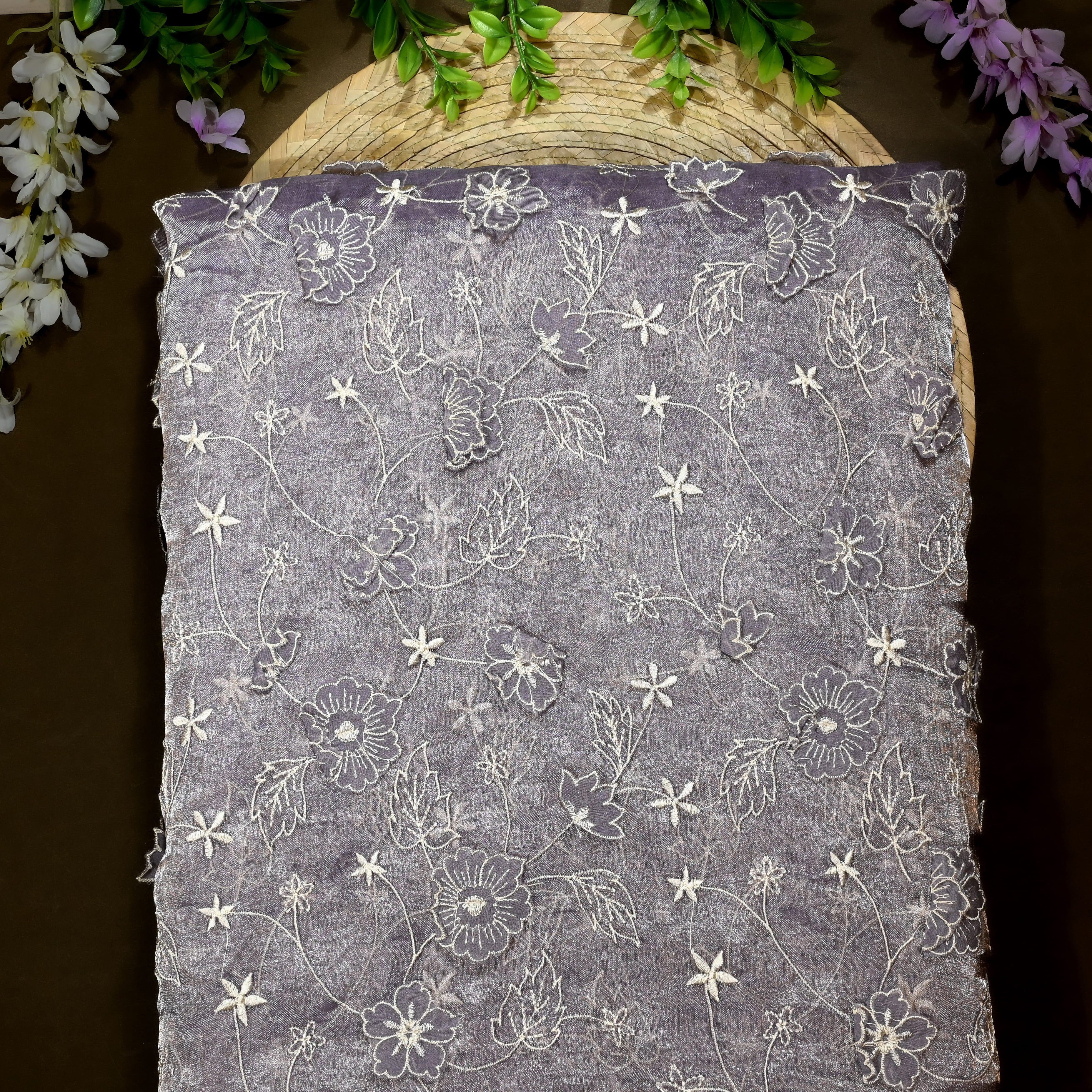 Grey Tissue Organza Fabric With 3D Embroidery