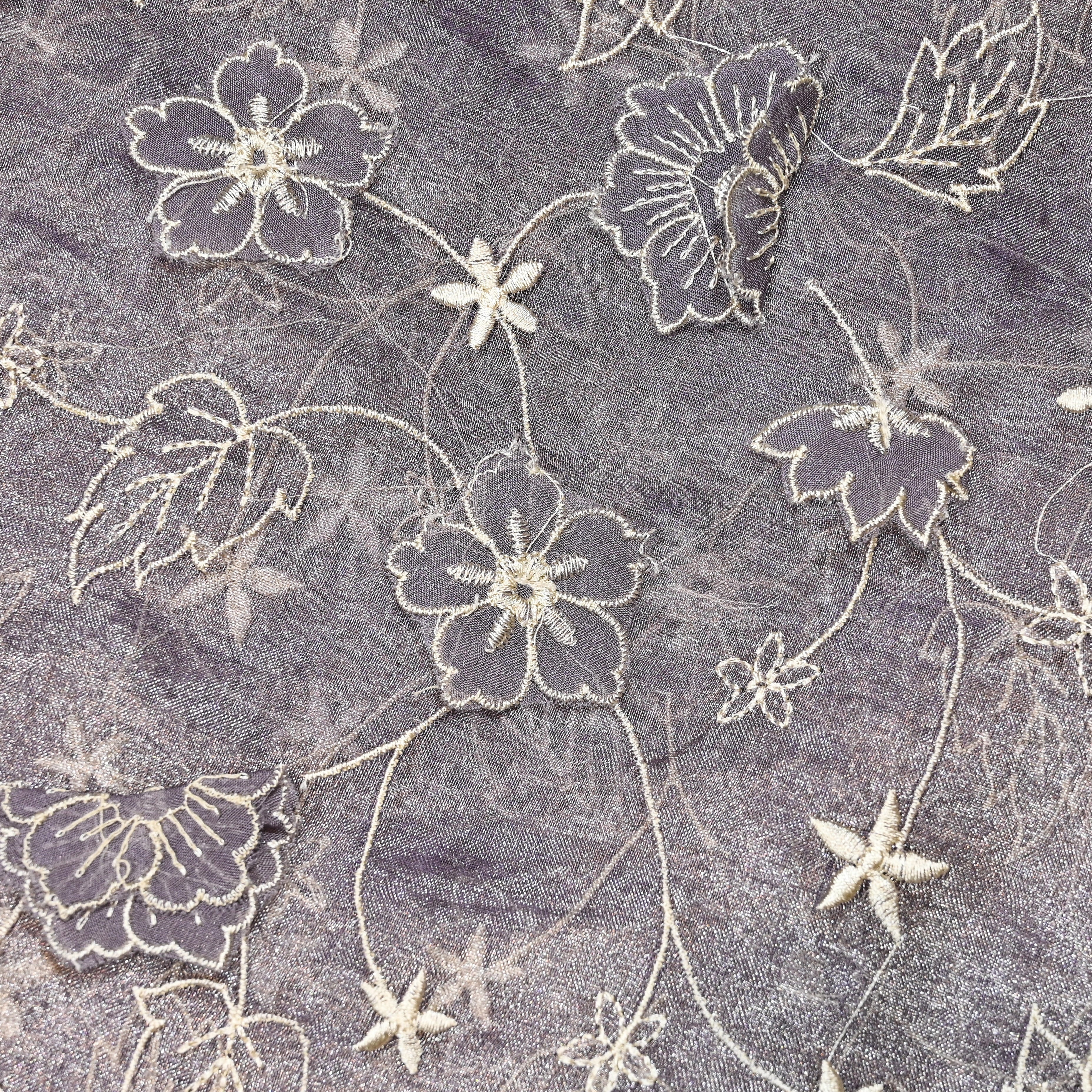 Grey Tissue Organza Fabric With 3D Embroidery