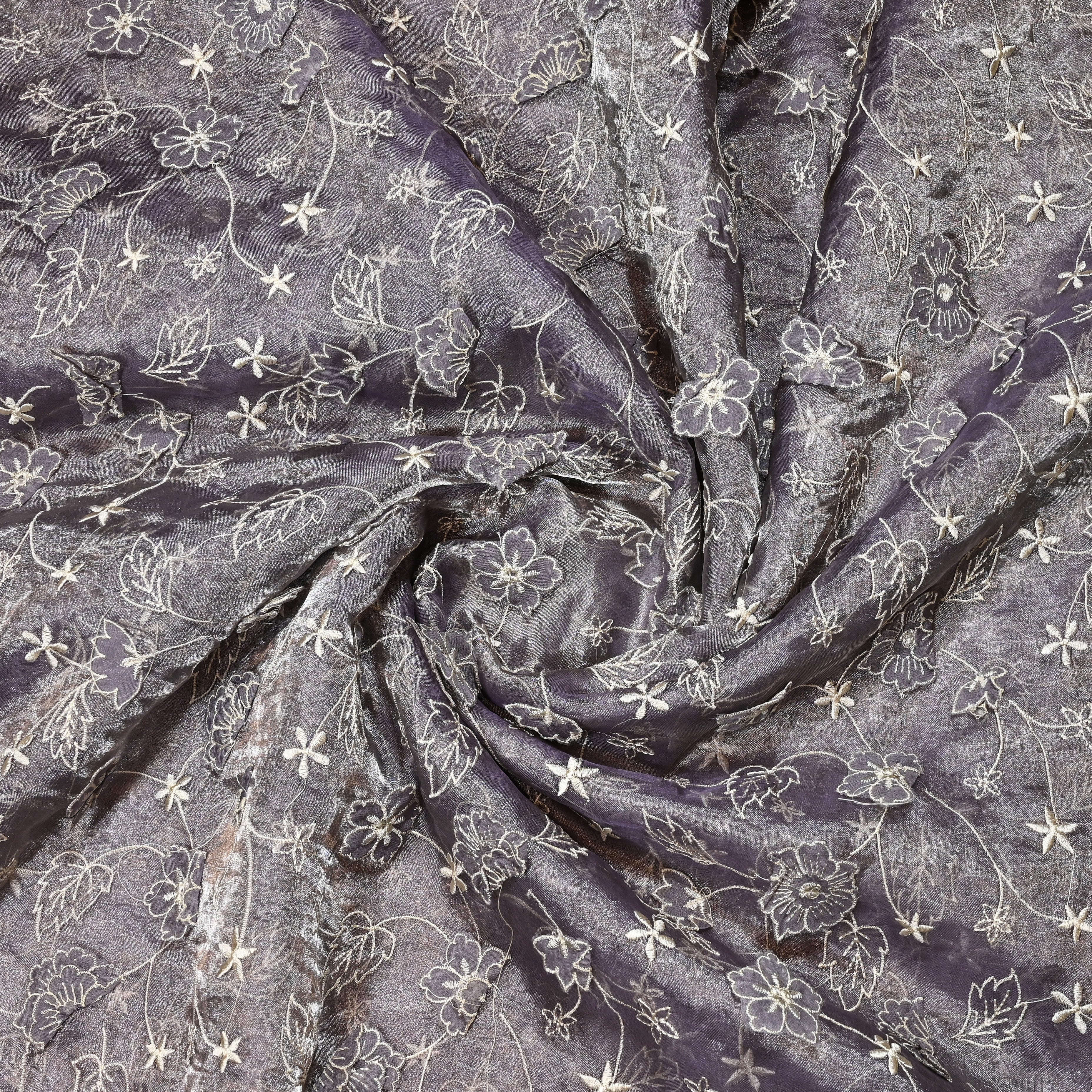 Grey Tissue Organza Fabric With 3D Embroidery