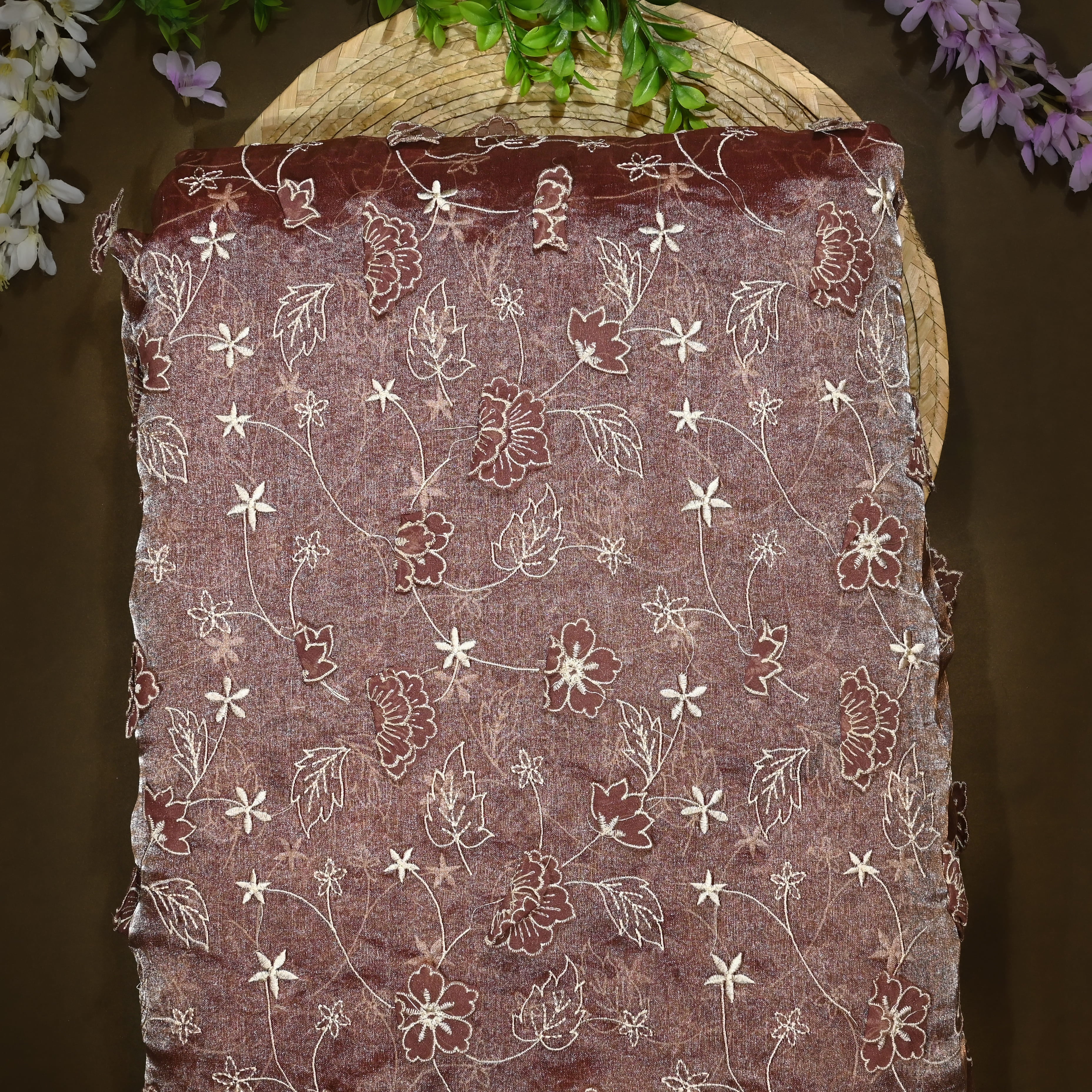 Brown Tissue Organza Fabric With 3D Embroidery