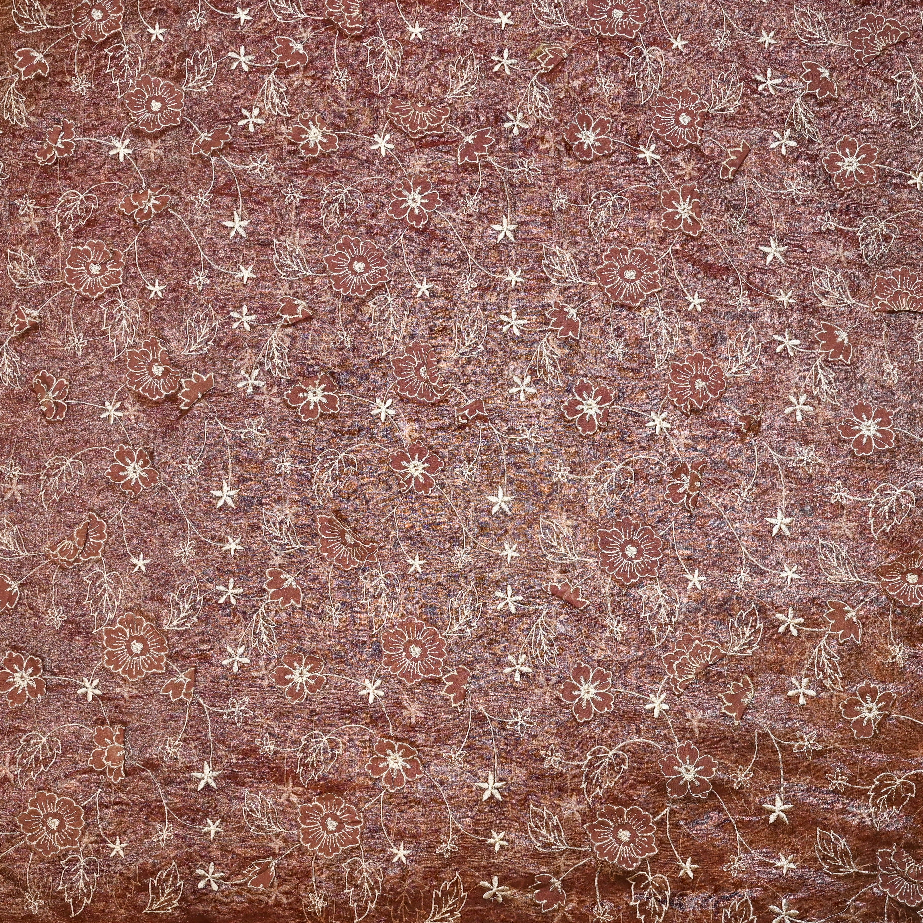 Brown Tissue Organza Fabric With 3D Embroidery