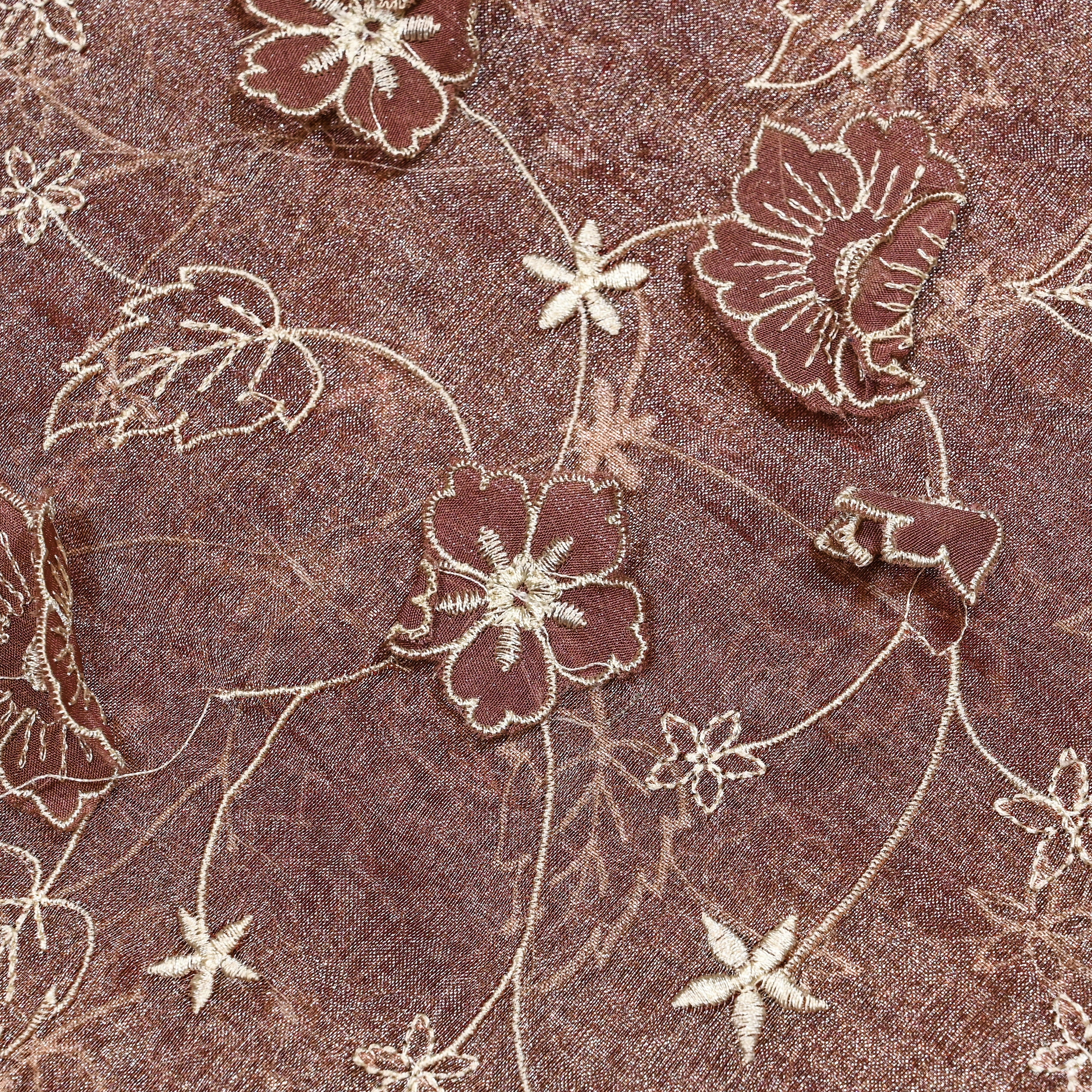 Brown Tissue Organza Fabric With 3D Embroidery