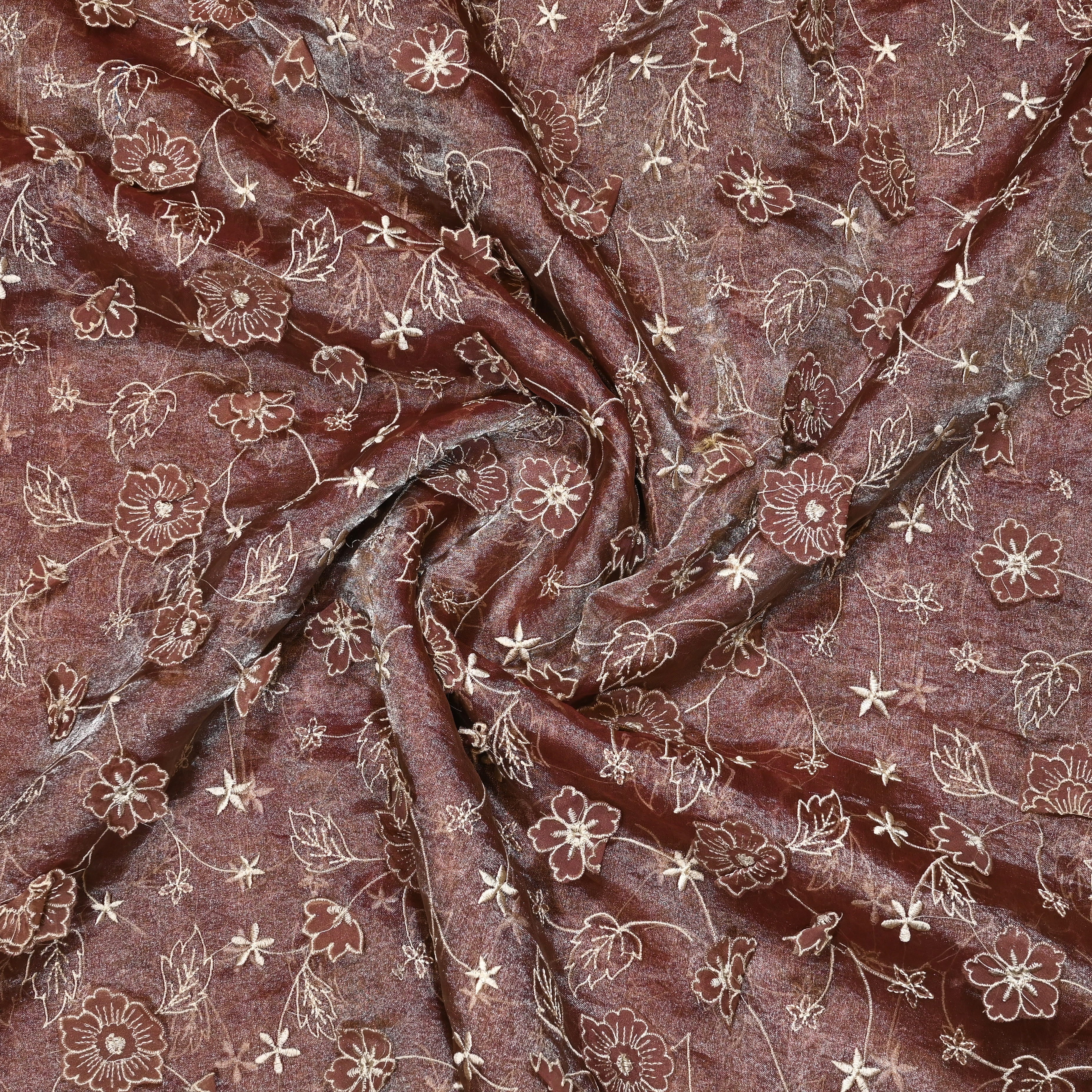 Brown Tissue Organza Fabric With 3D Embroidery