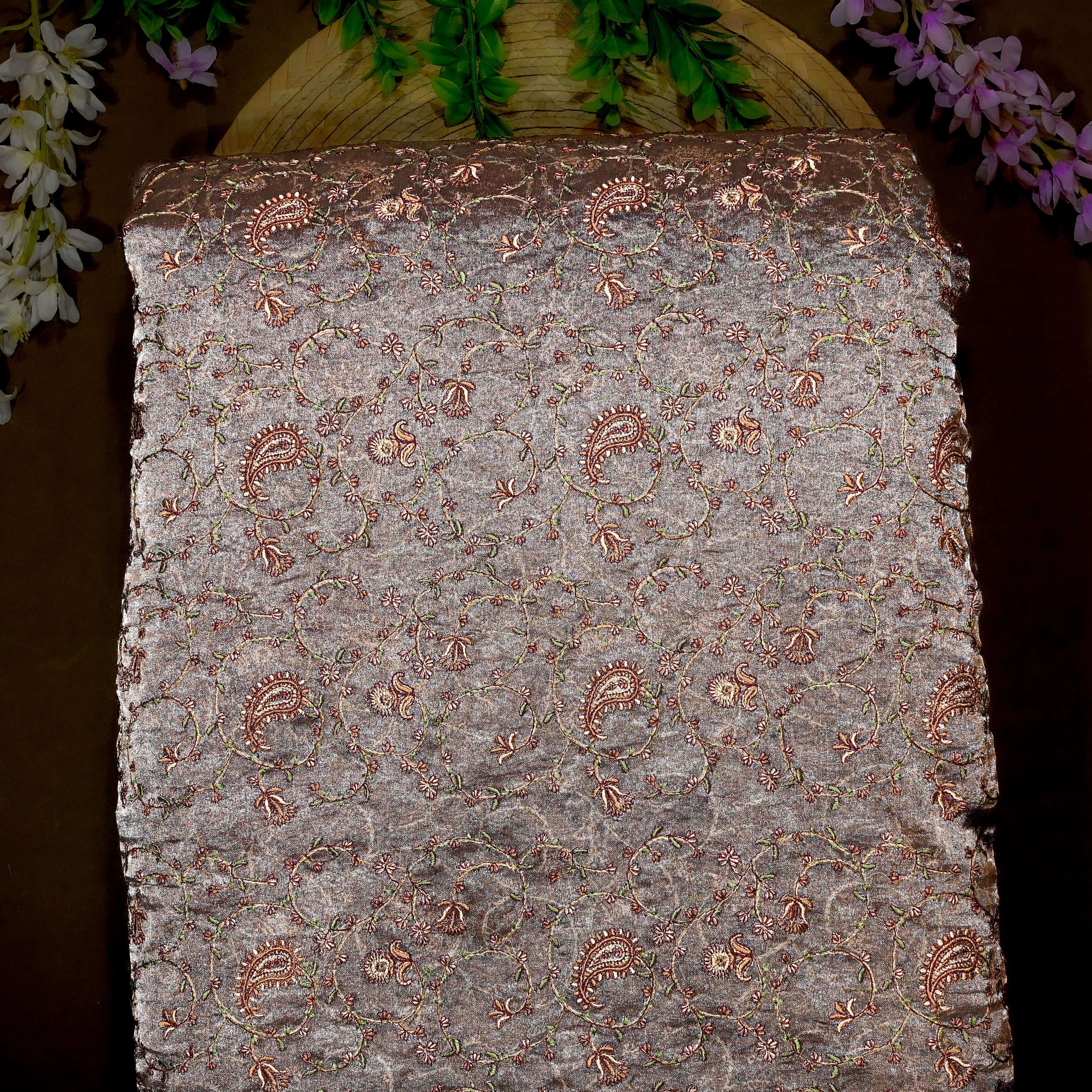 Light Brown Tissue Fabric With Embroidery