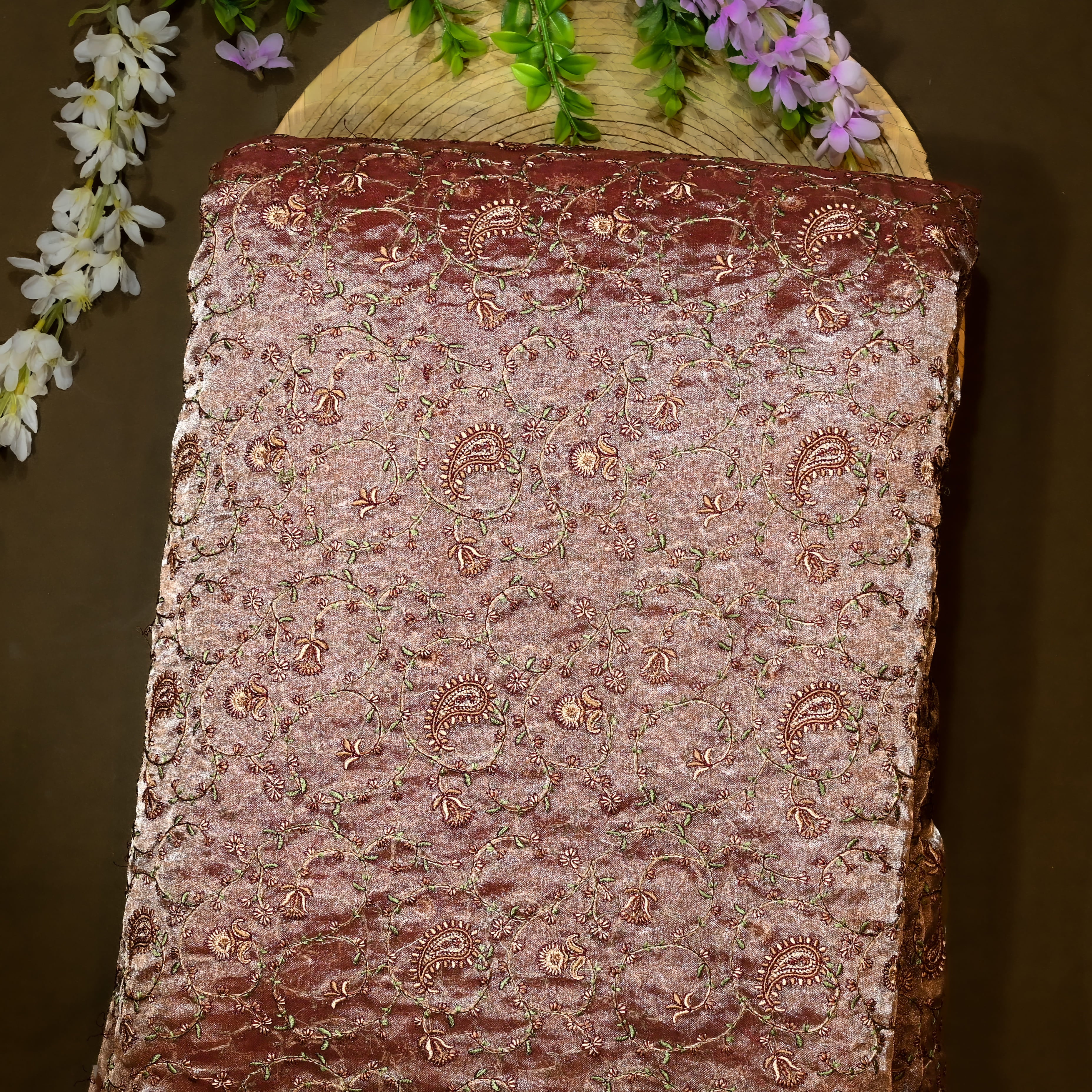 Tawny Brown Tissue Organza Fabric With Embroidery