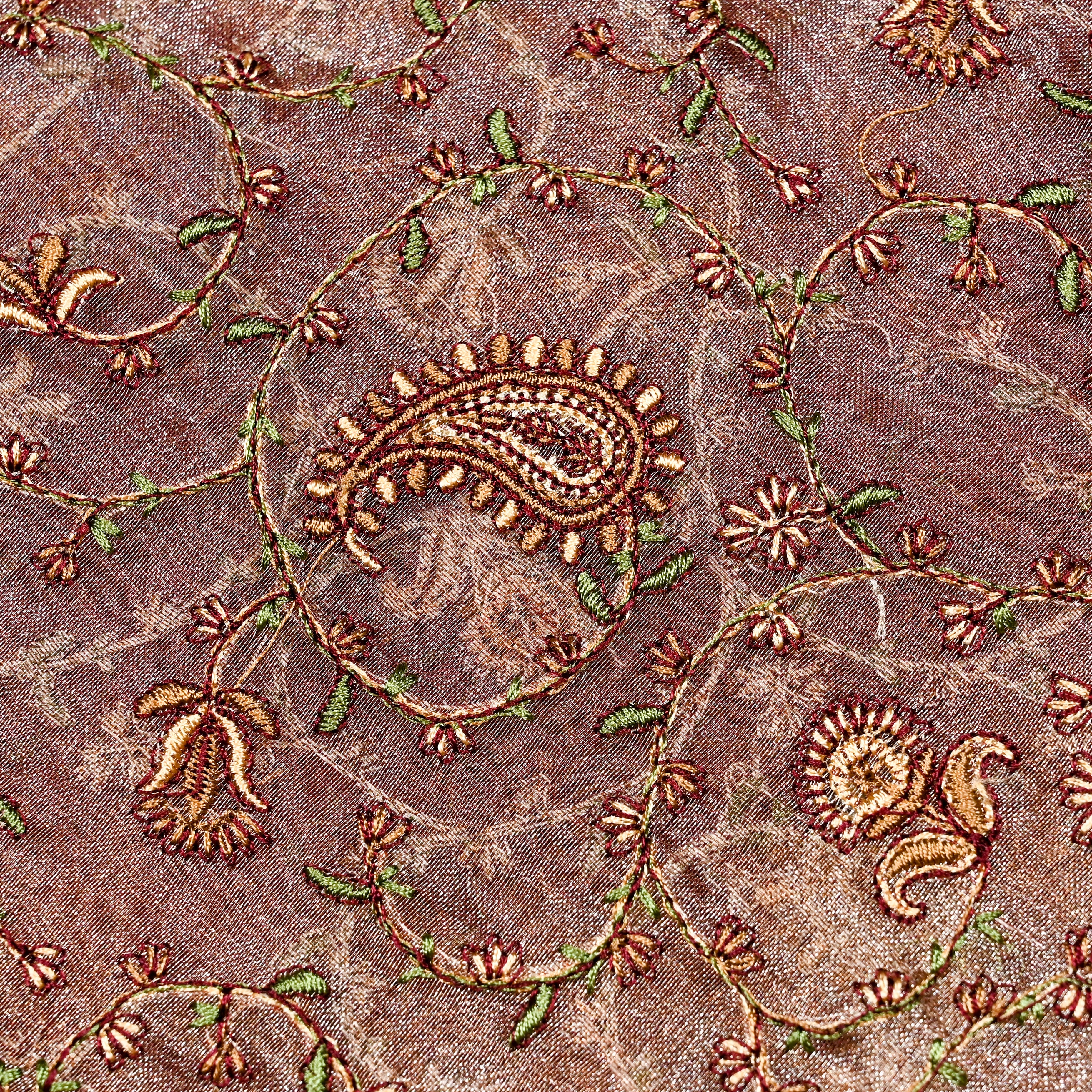 Tawny Brown Tissue Organza Fabric With Embroidery