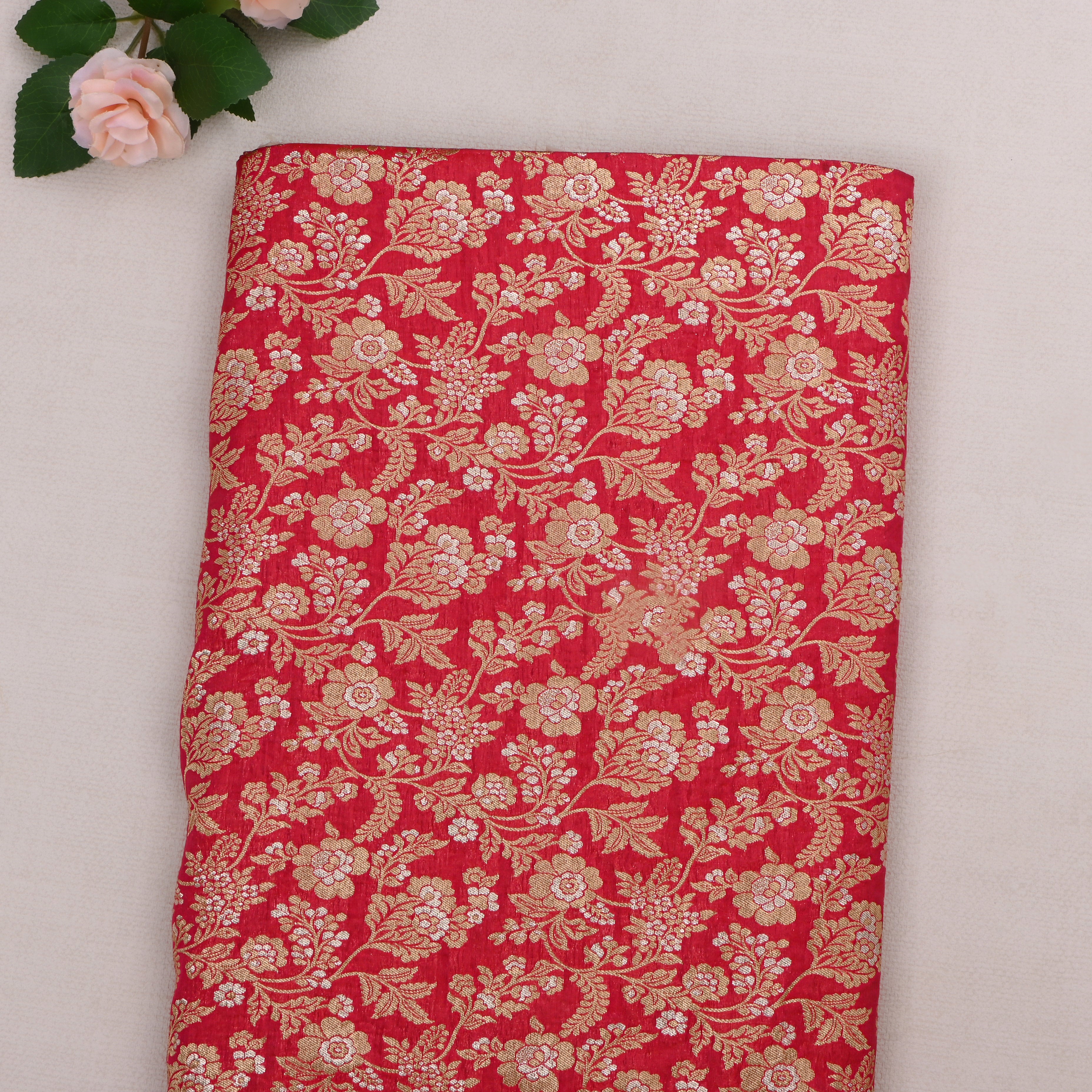 Red Jamawar Silk Fabric With Floral Jaal