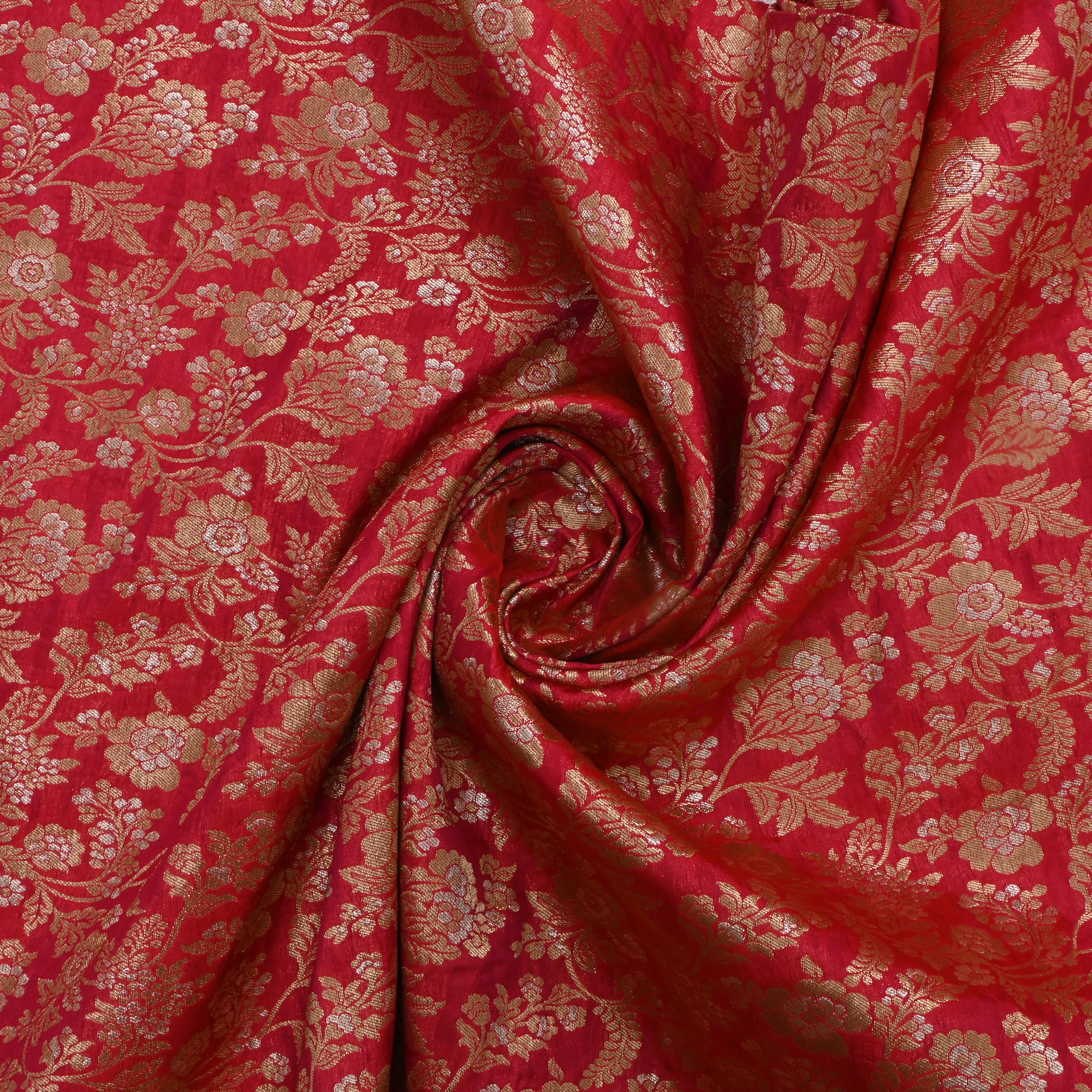 Red Jamawar Silk Fabric With Floral Jaal