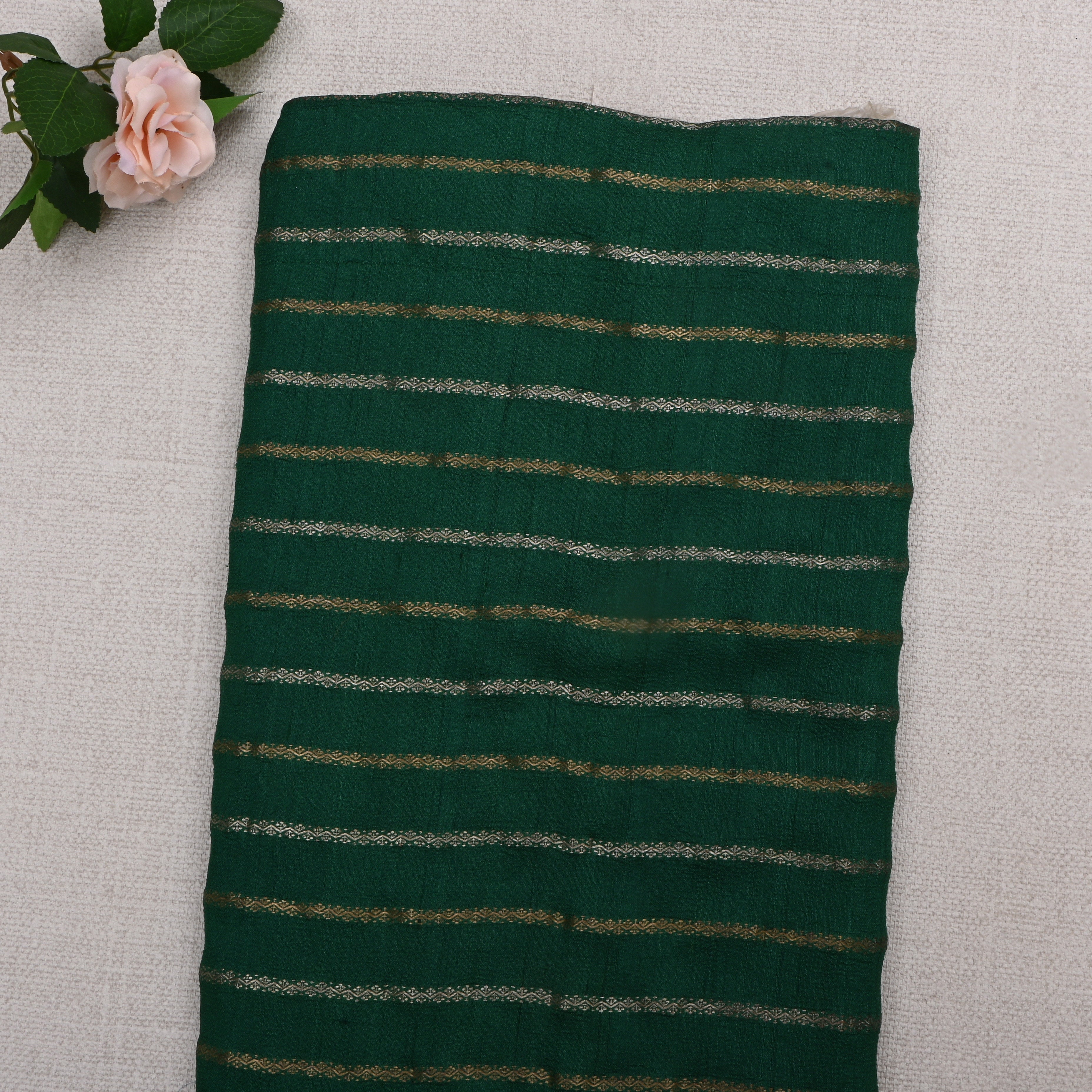 Bottle Green Jamawar Tussar Fabric With Stripes