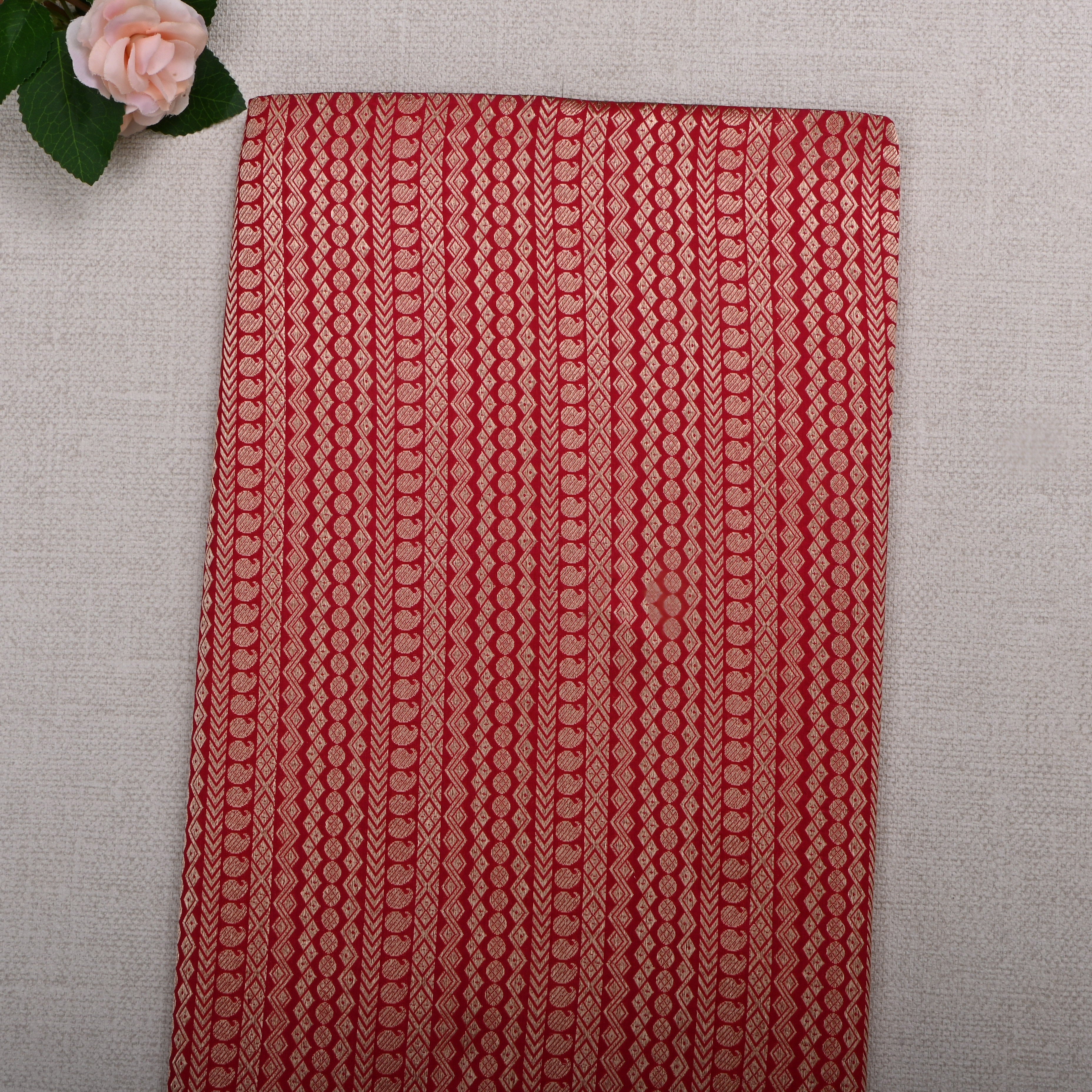 Red Jamawar Silk Fabric With Stripes Design
