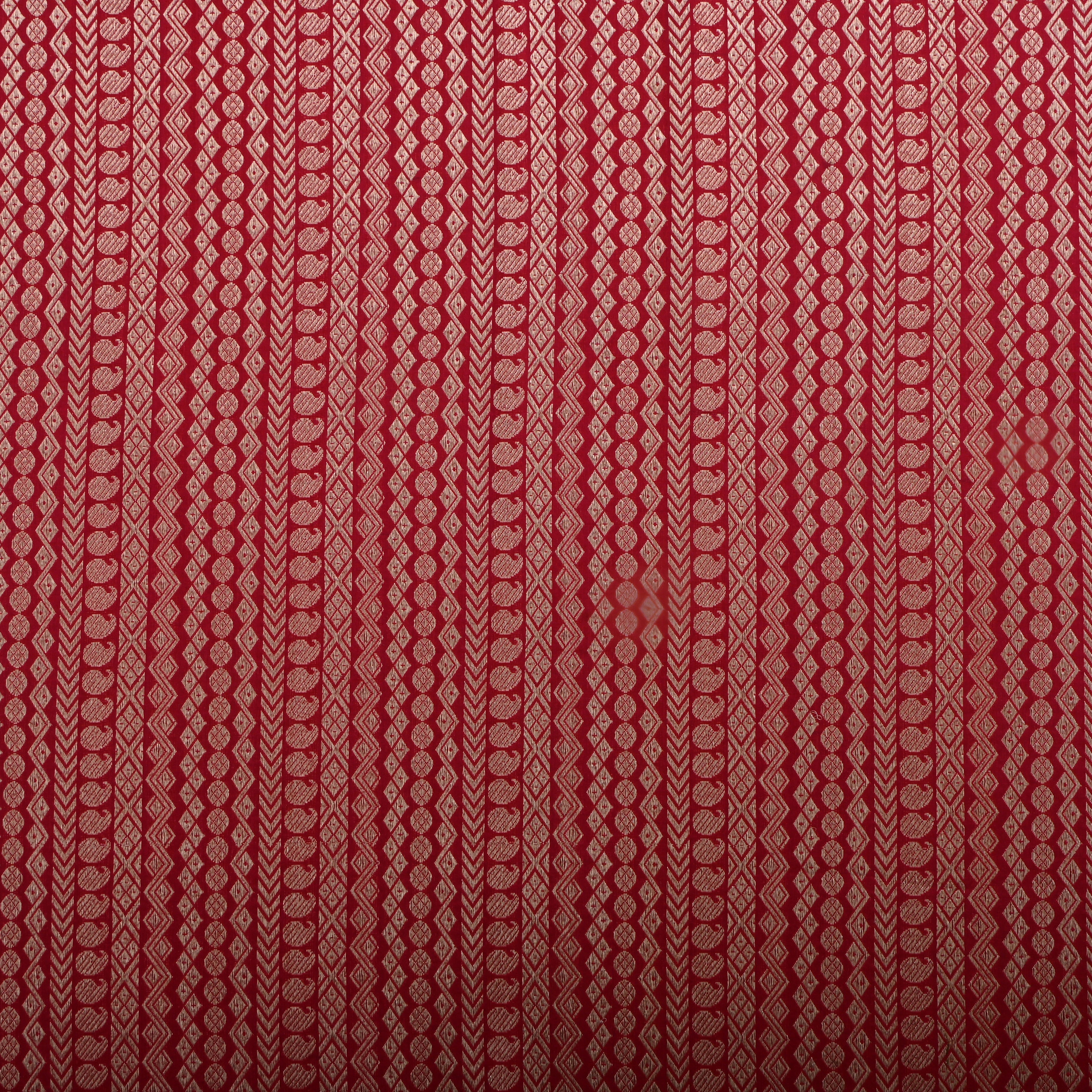 Red Jamawar Silk Fabric With Stripes Design