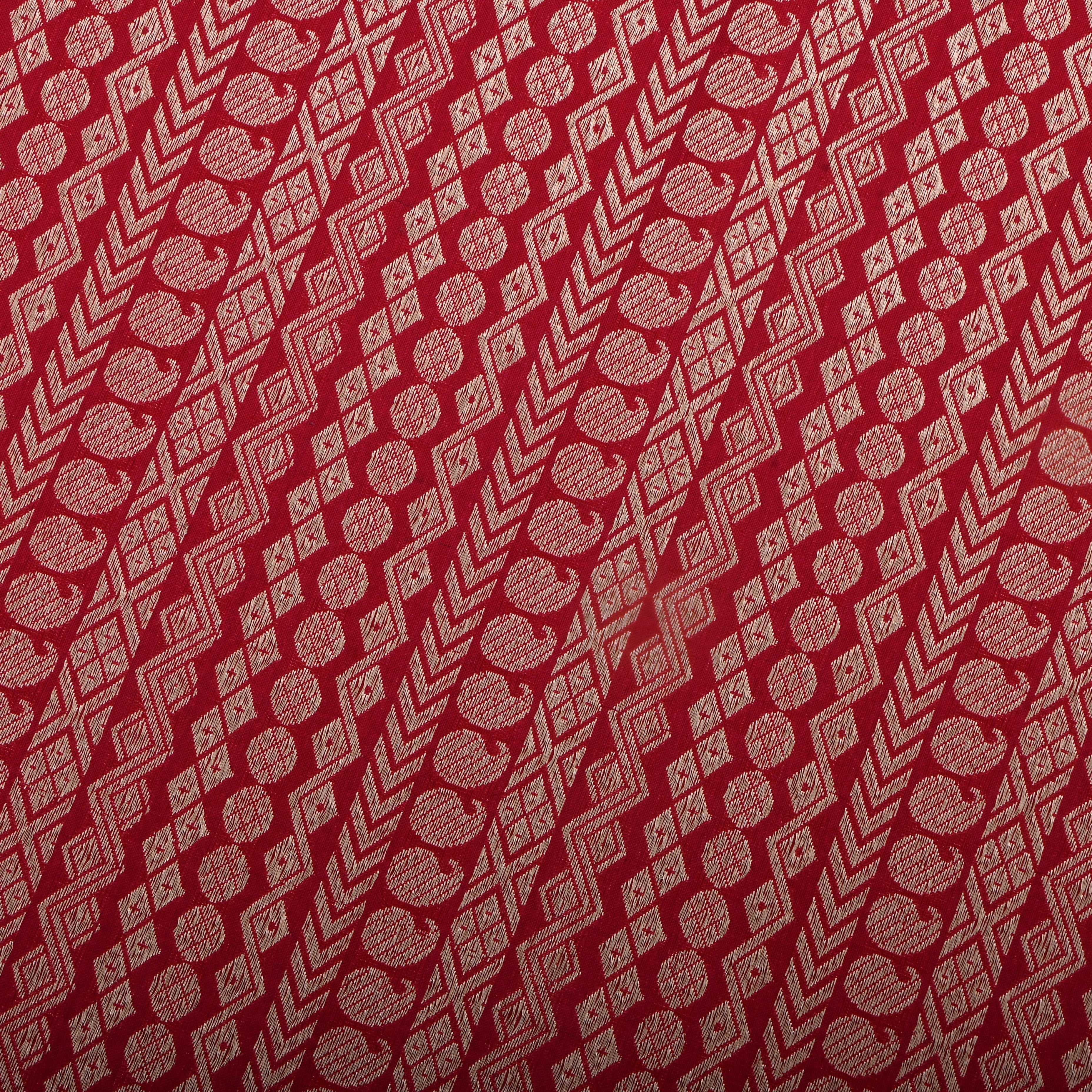 Red Jamawar Silk Fabric With Stripes Design
