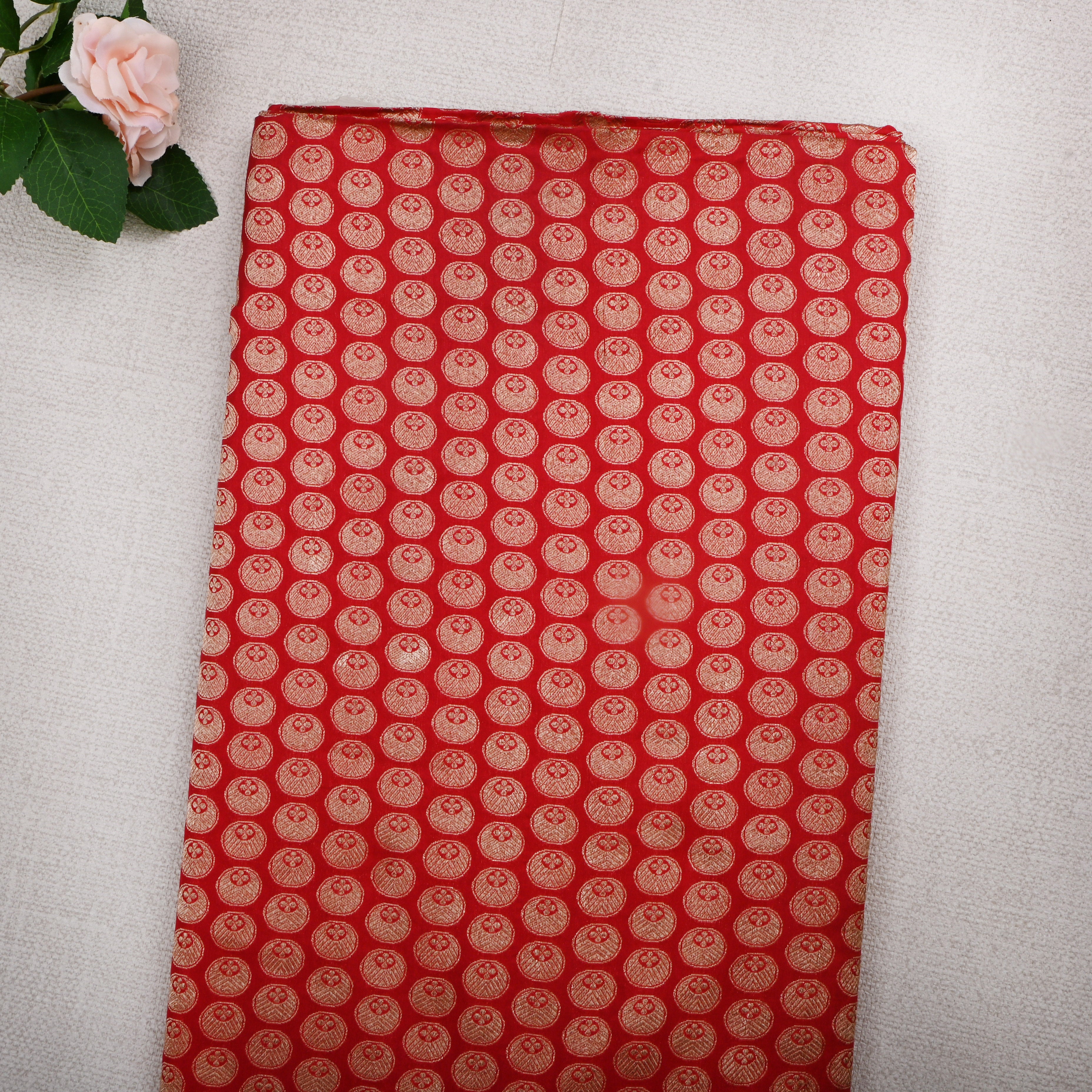 Red Jamawar Silk Fabric With Buttis