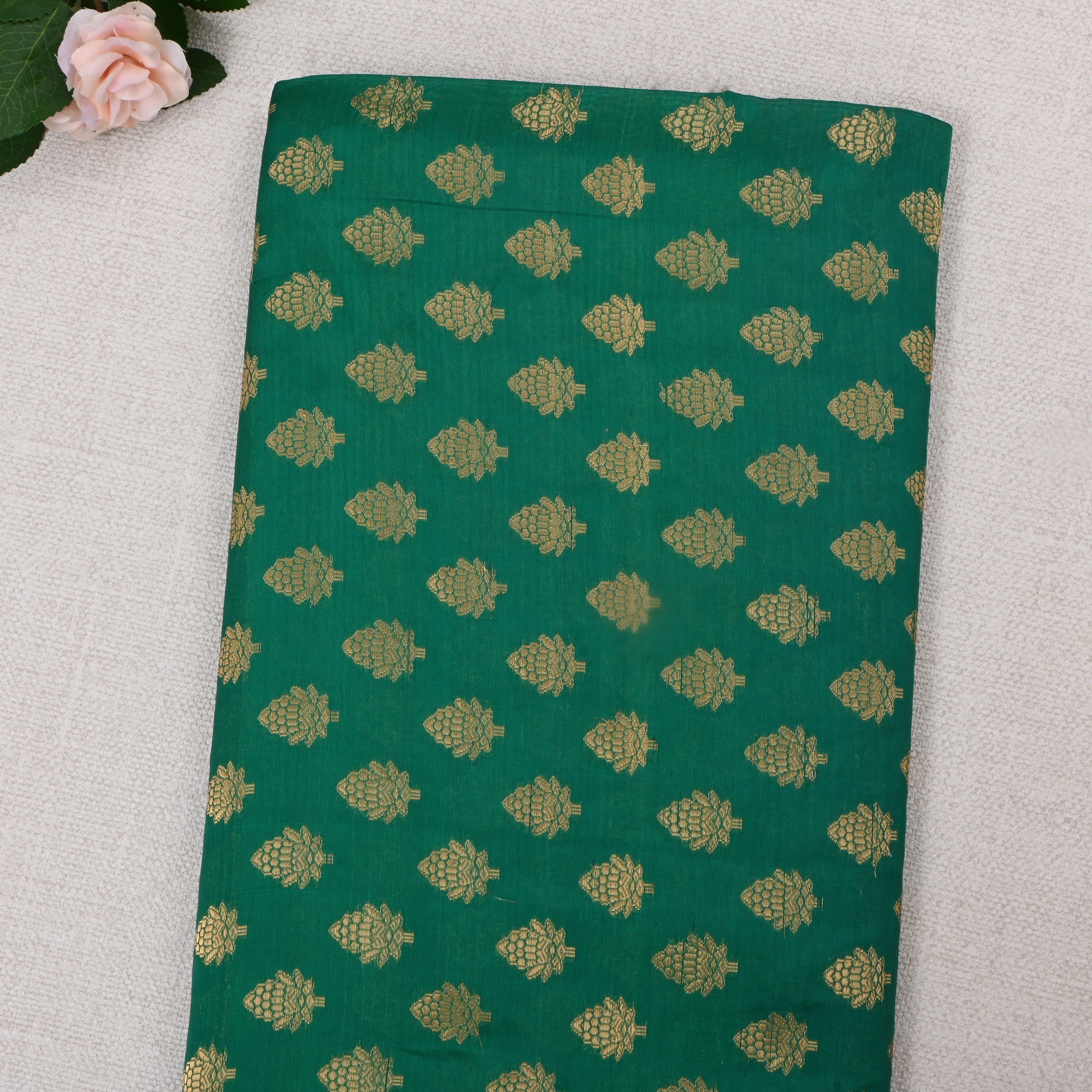 Emerald Green Jamawar Silk Fabric With Buttis