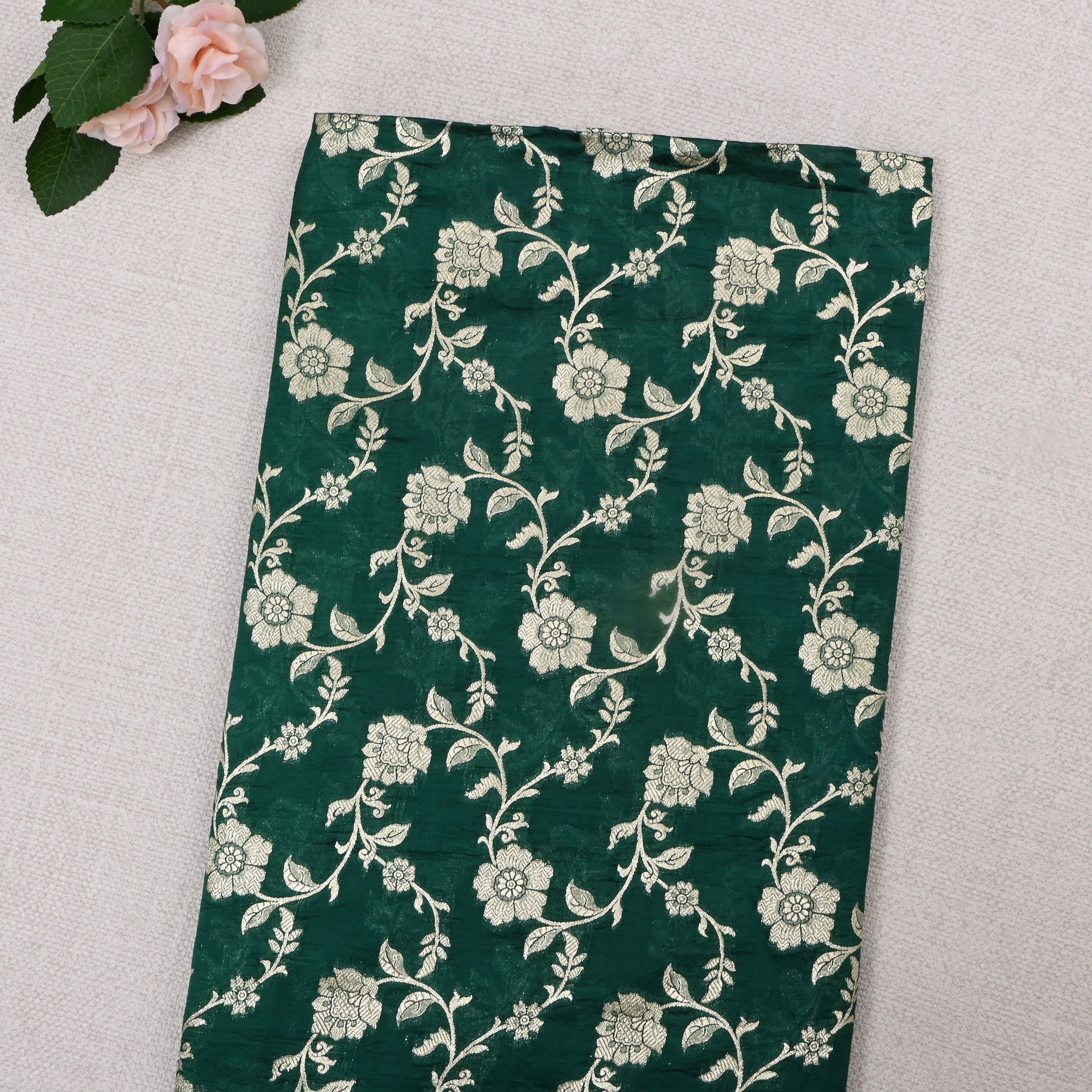 Dark Green Jamawar Silk Fabric With Floral Jaal