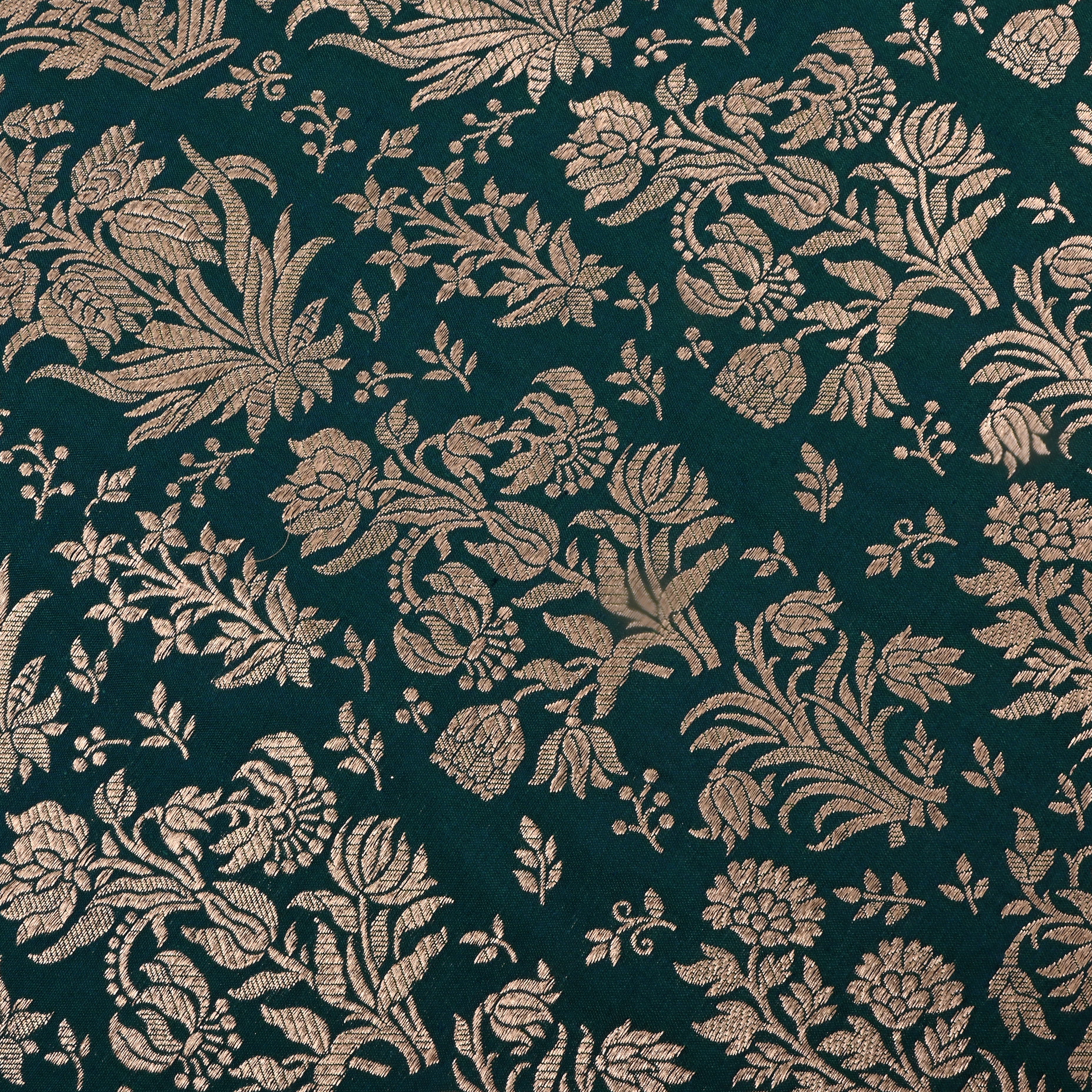 Gable Green Jamawar Silk Fabric With Floral Design