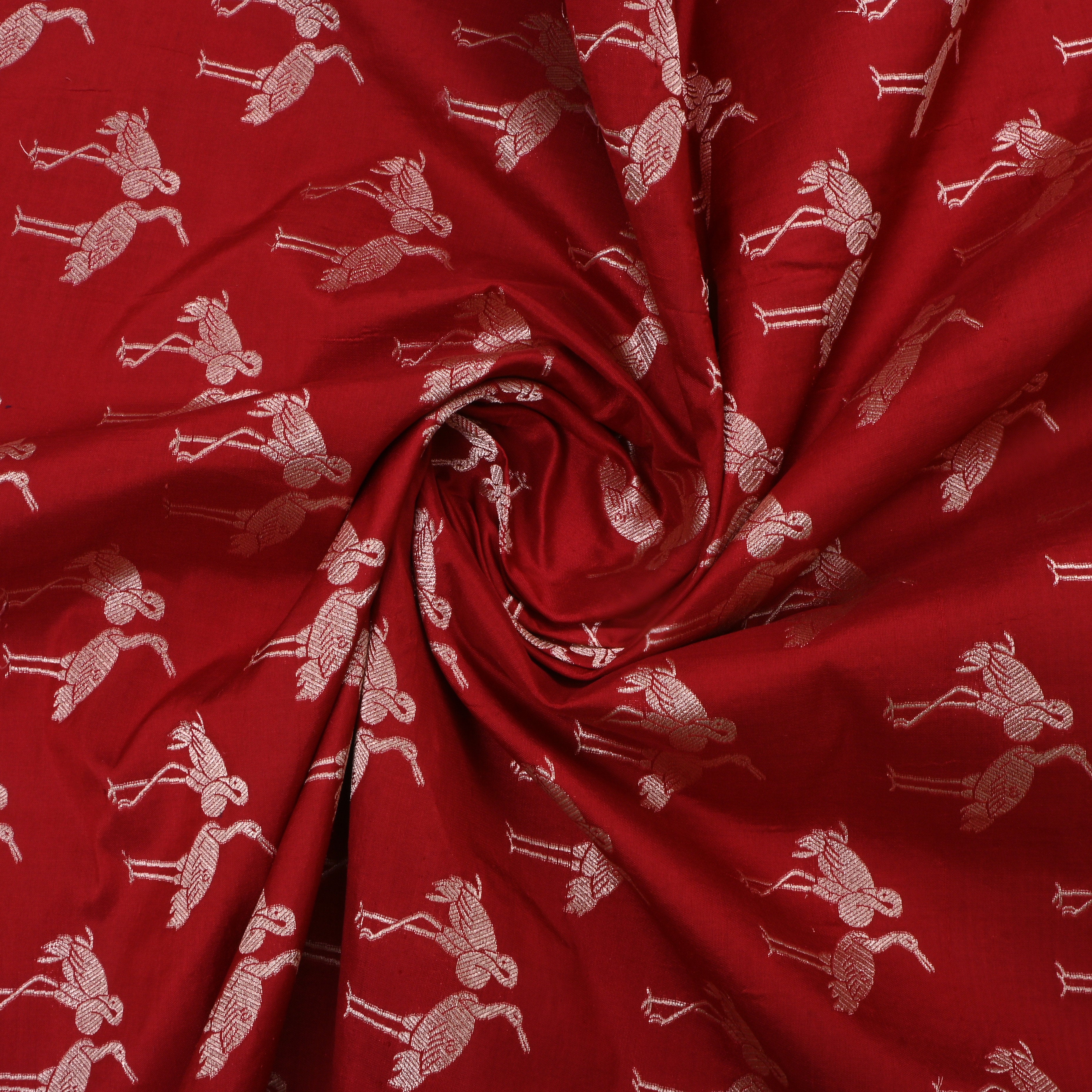 Red Devil Jamawar Silk Fabric With Swan Design