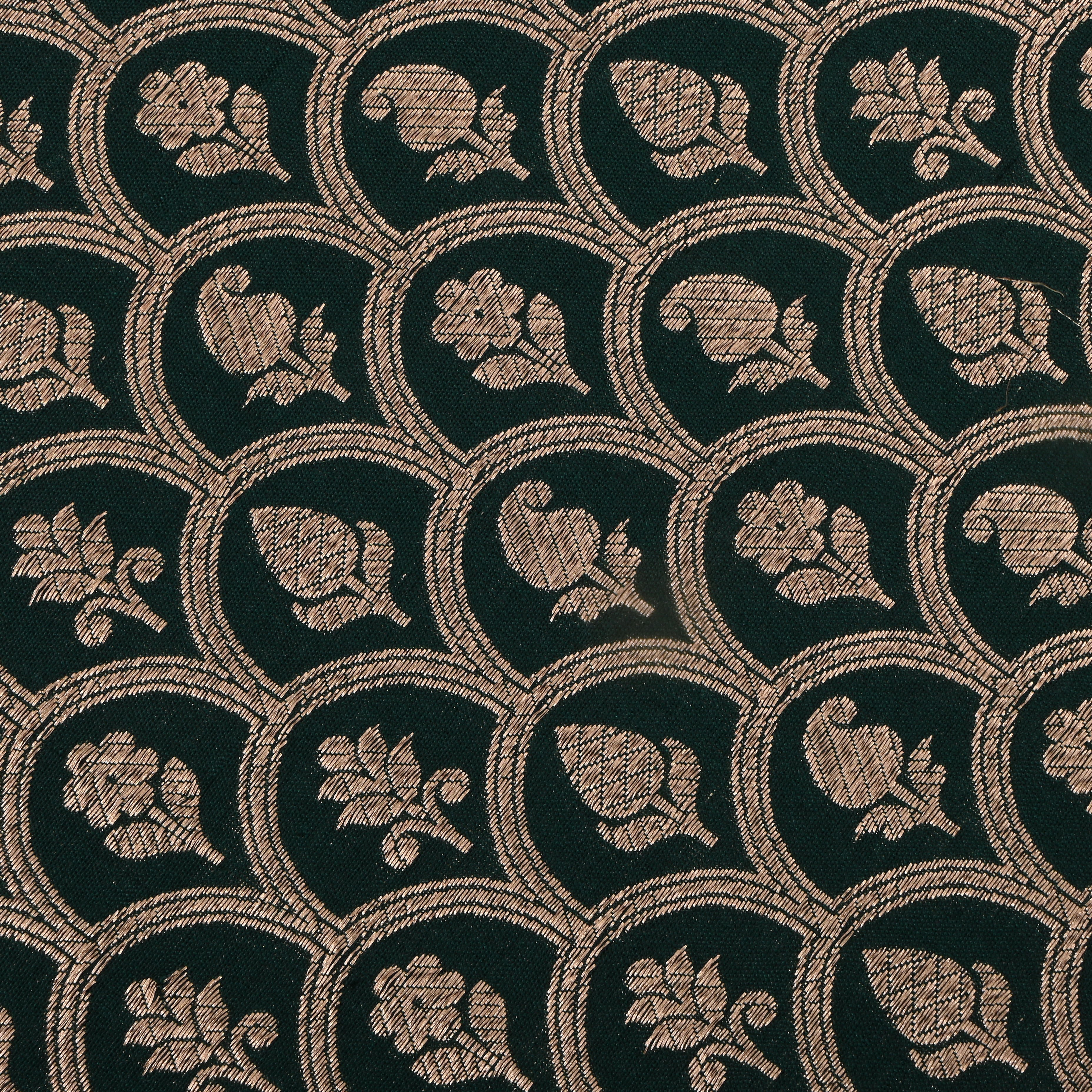 Bottle Green Jamawar Silk Fabric With Scallop Design