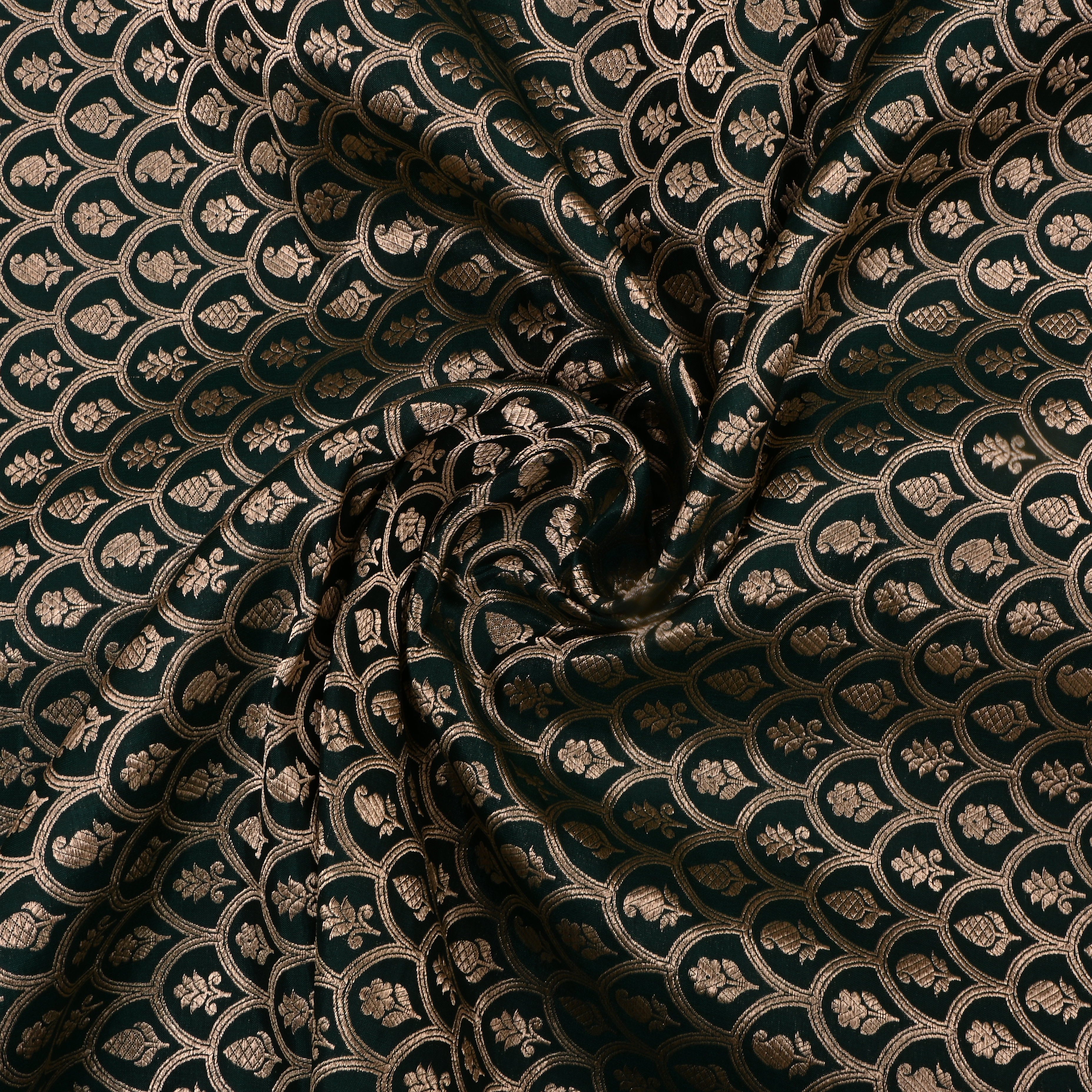 Bottle Green Jamawar Silk Fabric With Scallop Design