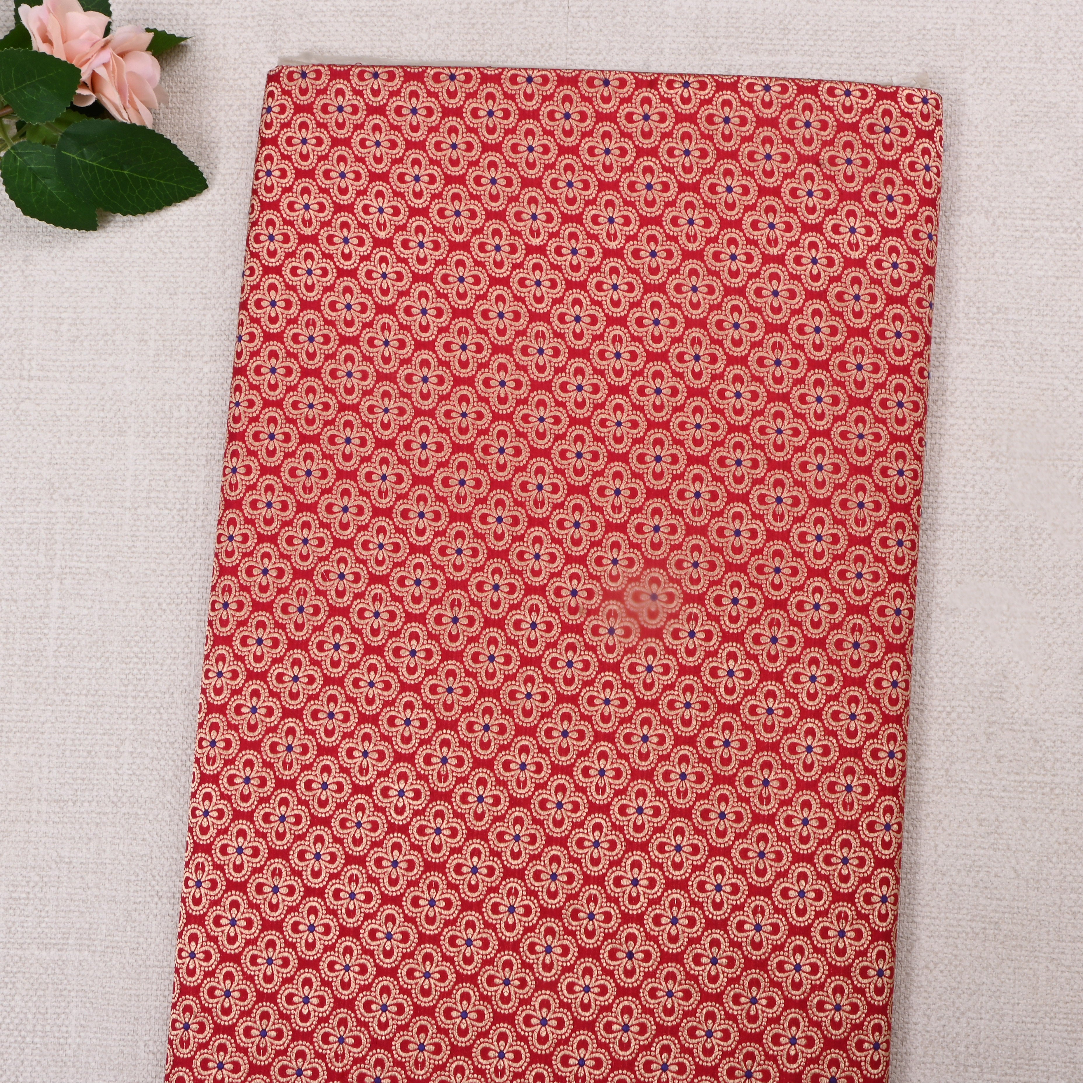 Cornell Red Jamawar Silk Fabric With Floral Patterns